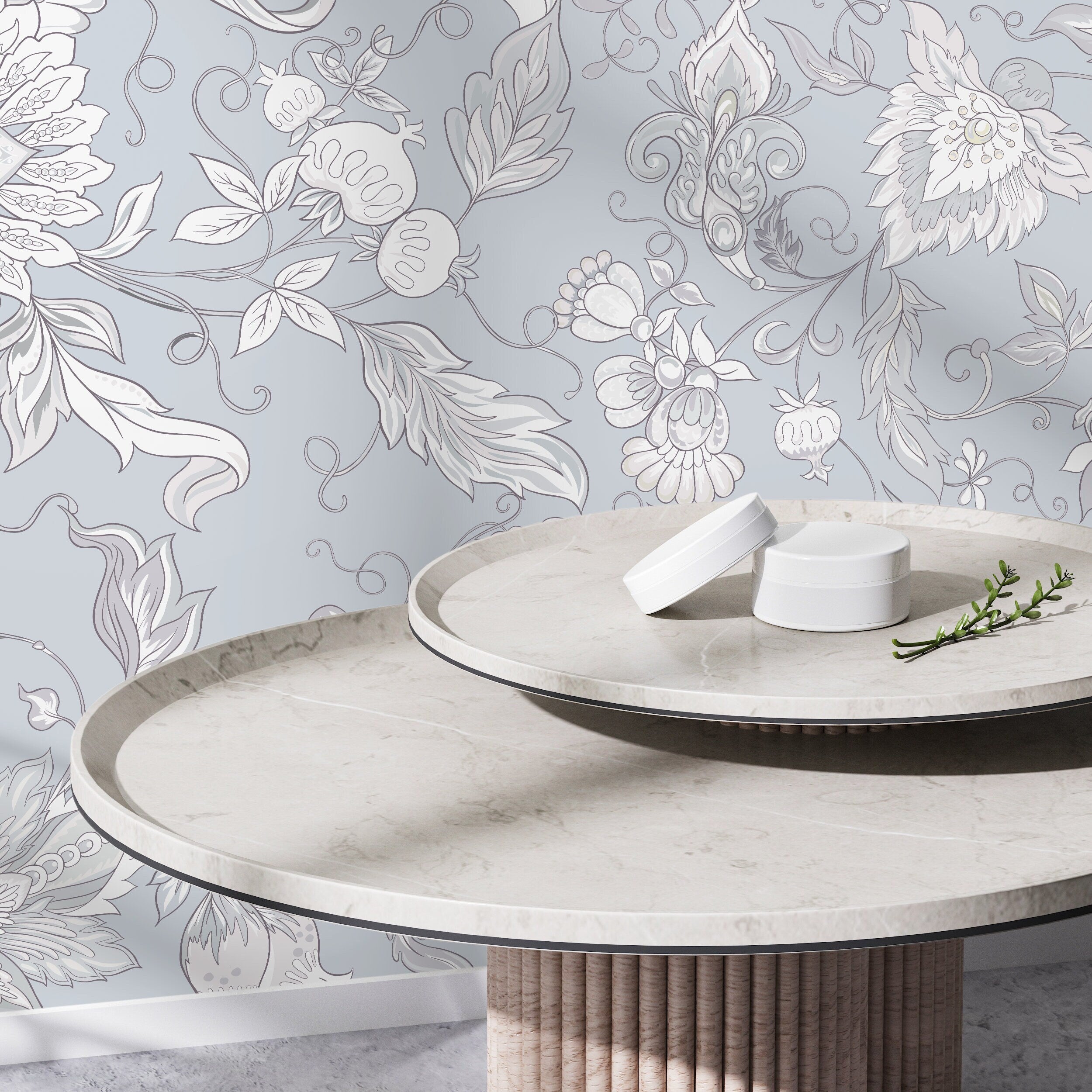 Floral Wallpaper With A Vintage Botanical Motif In Light Blue, White, And Grey - D276