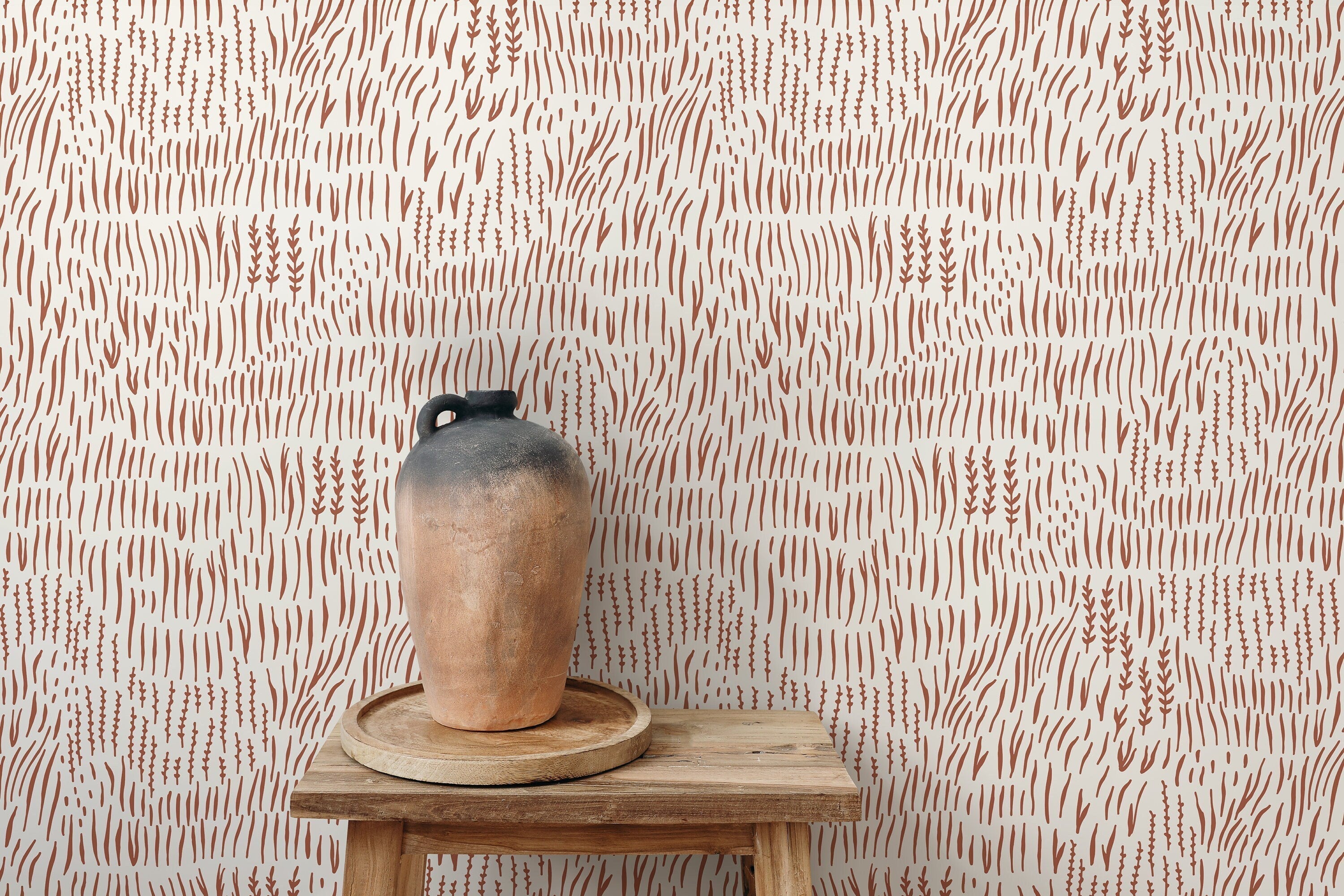 Boho Wallpaper With Abstract Wheat Stalks In Terracotta - D291
