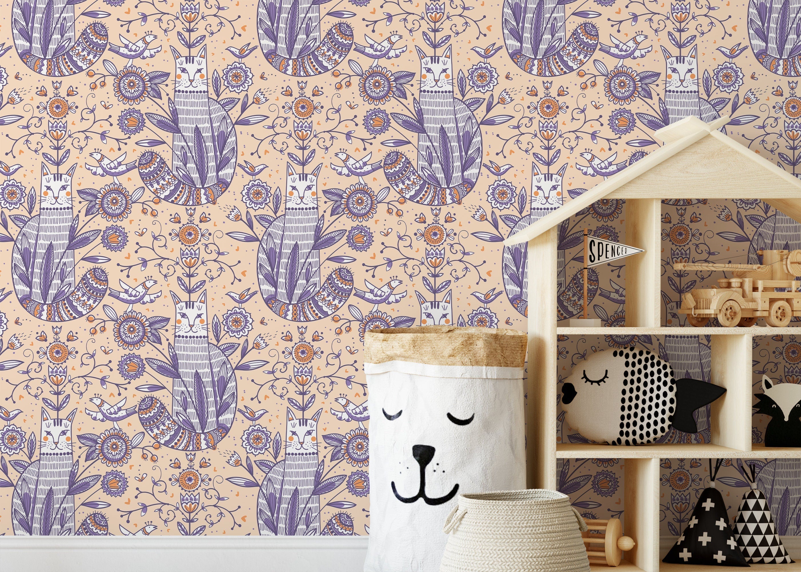 Folk Art Wallpaper With Stylized Cats And Florals In Purple, Orange, And Peach - D292