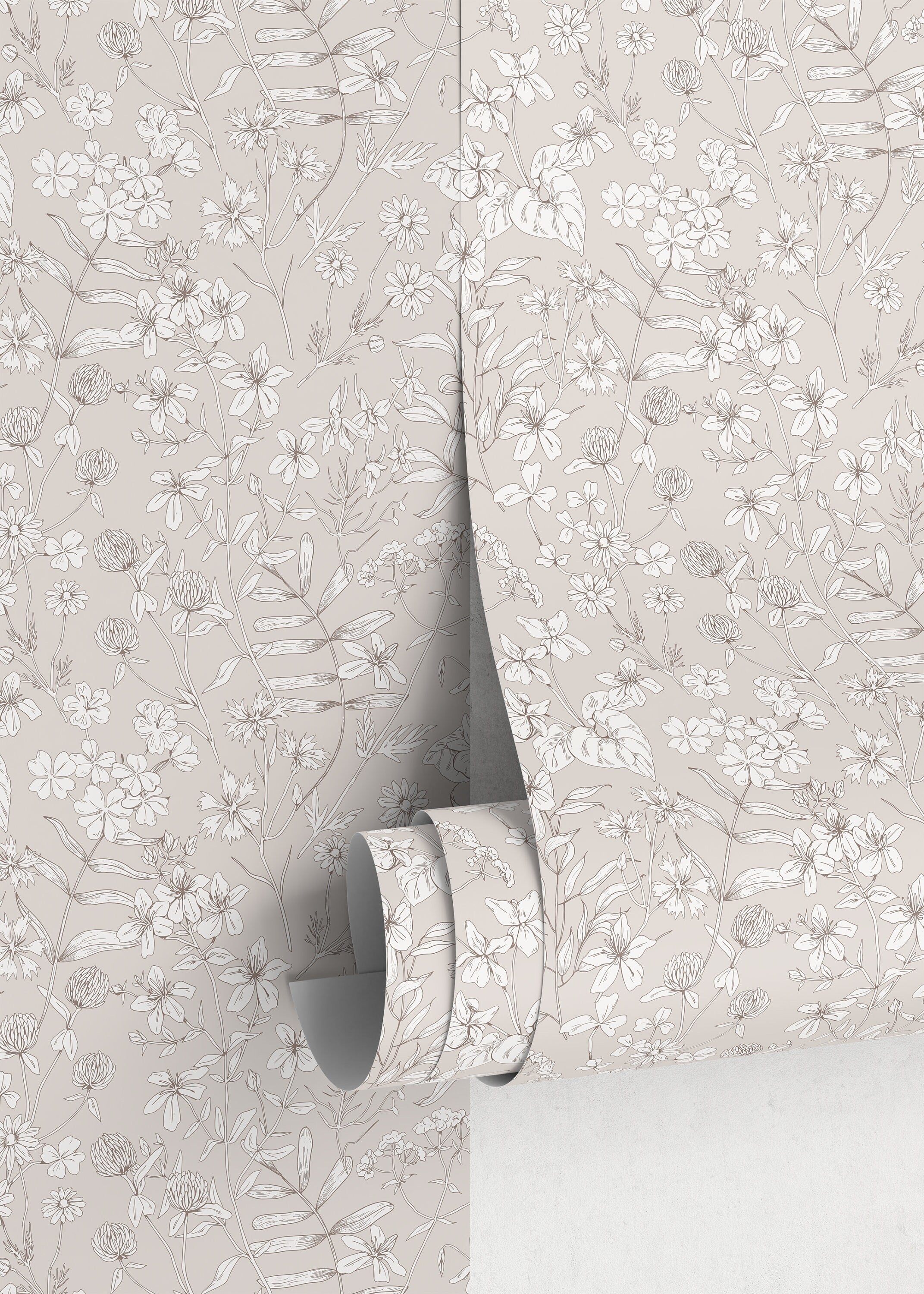 Botanical Wallpaper With Hand-drawn Wildflowers In Beige And Brown - D308