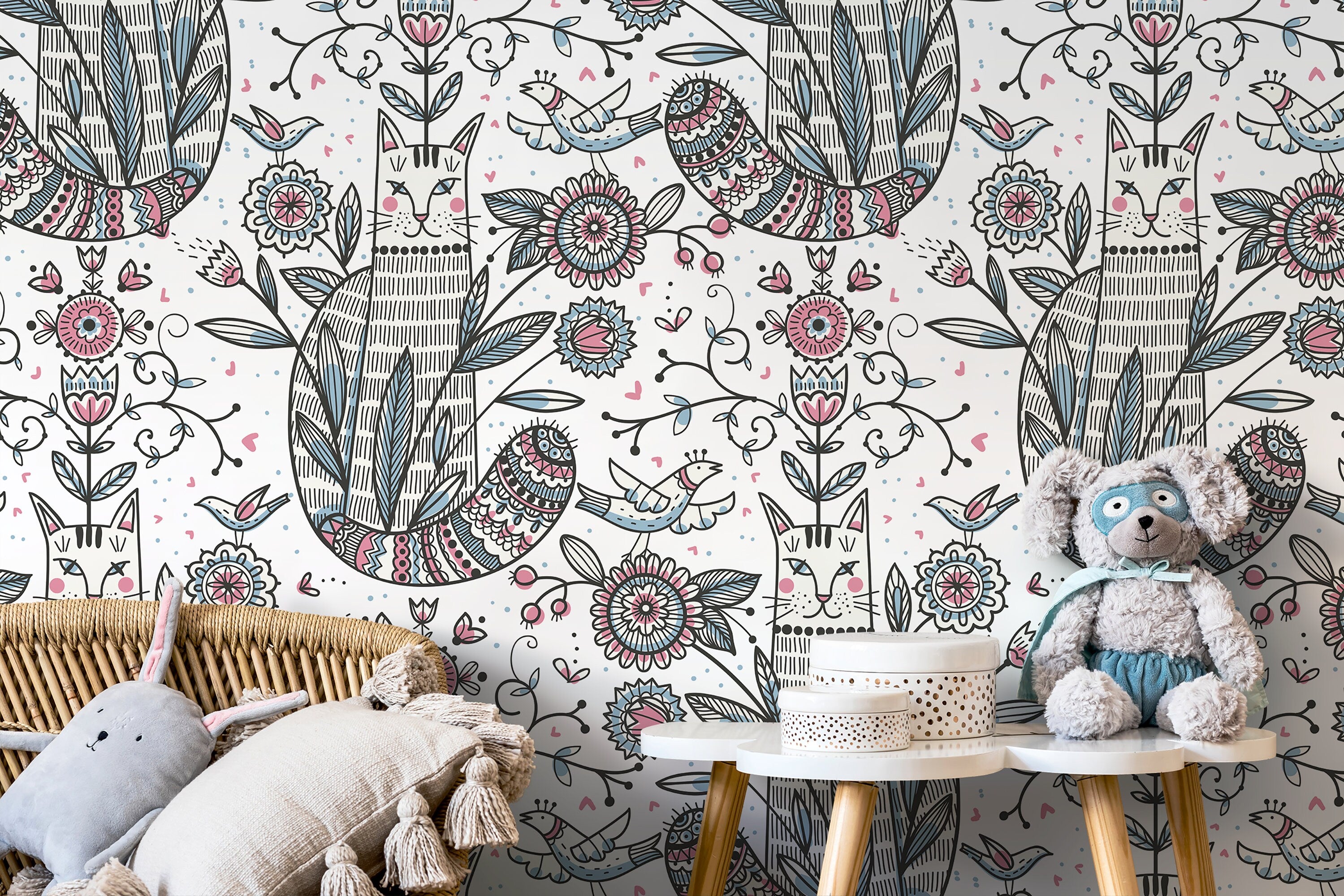 Folk Art Wallpaper With Whimsical Cats And Birds In Pink, Blue, And Black - D295