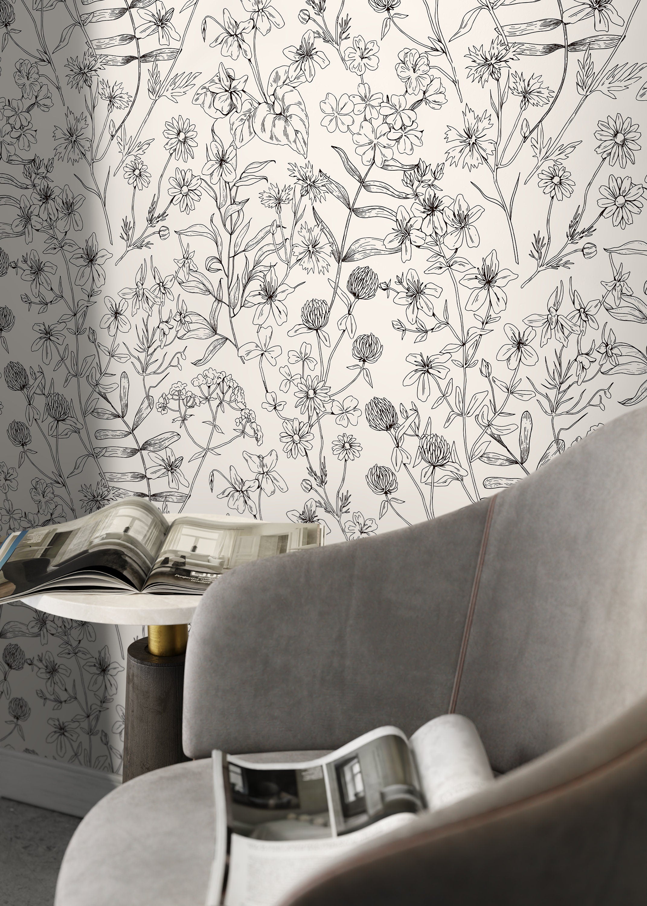Botanical Wallpaper With A Wildflower Line Art Motif In Black And White - D306