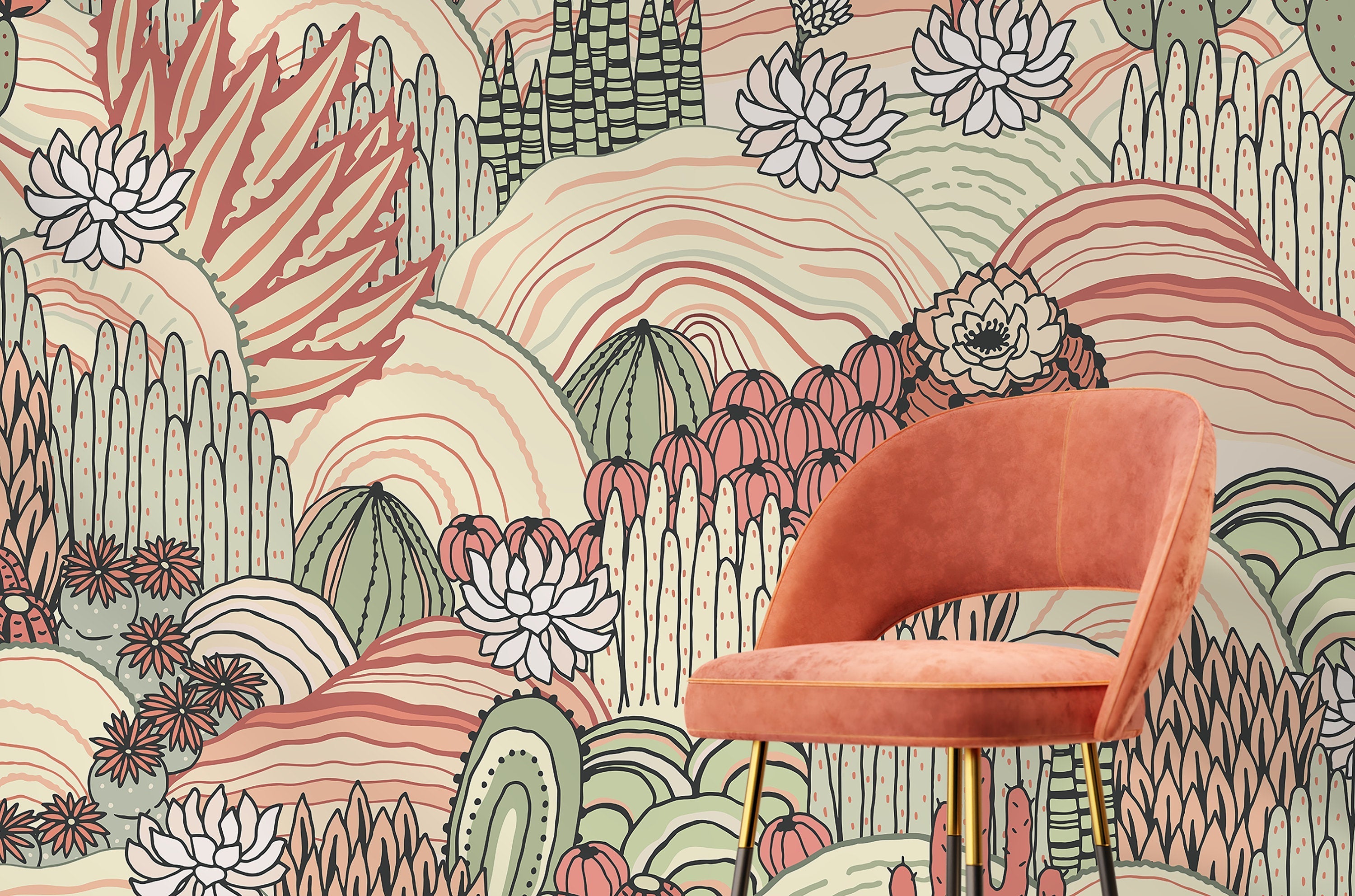 Desert Wallpaper Featuring Cacti And Succulents In Terracotta, Sage, And Cream - D277