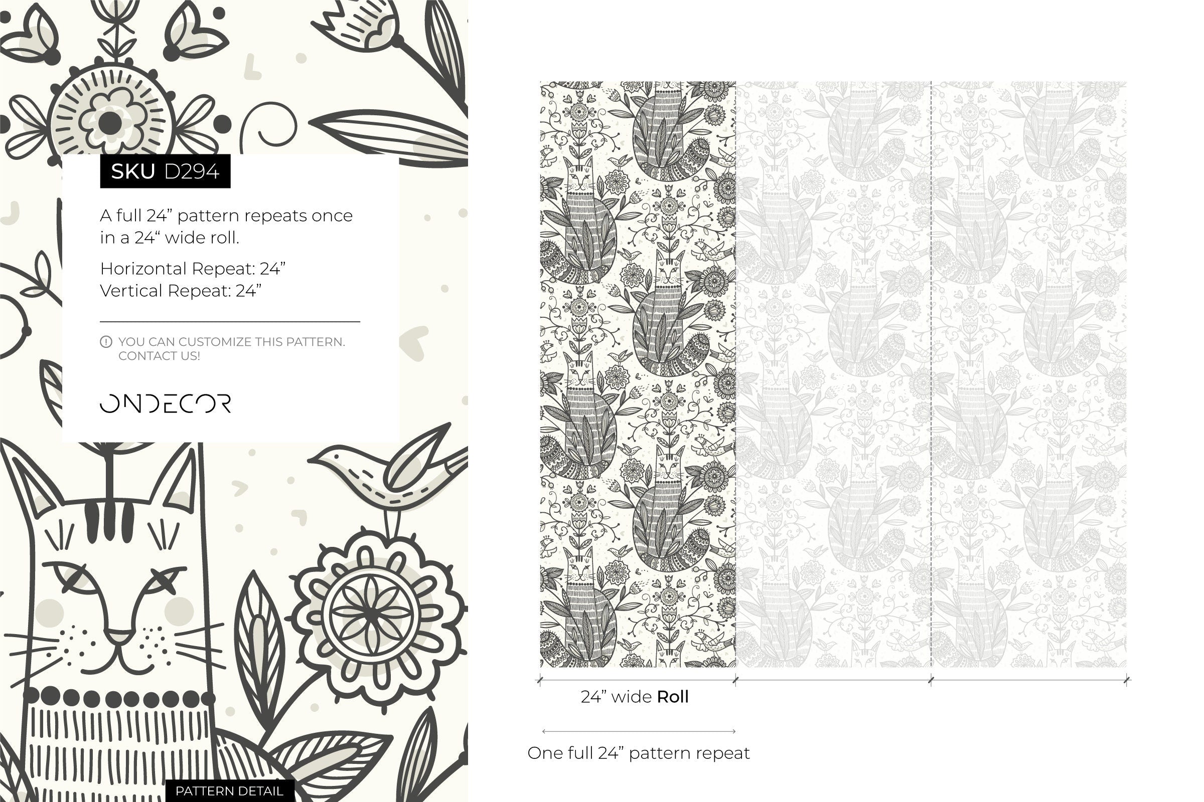 Folk Art Wallpaper With Stylized Cats And Florals In Black And Gray - D294