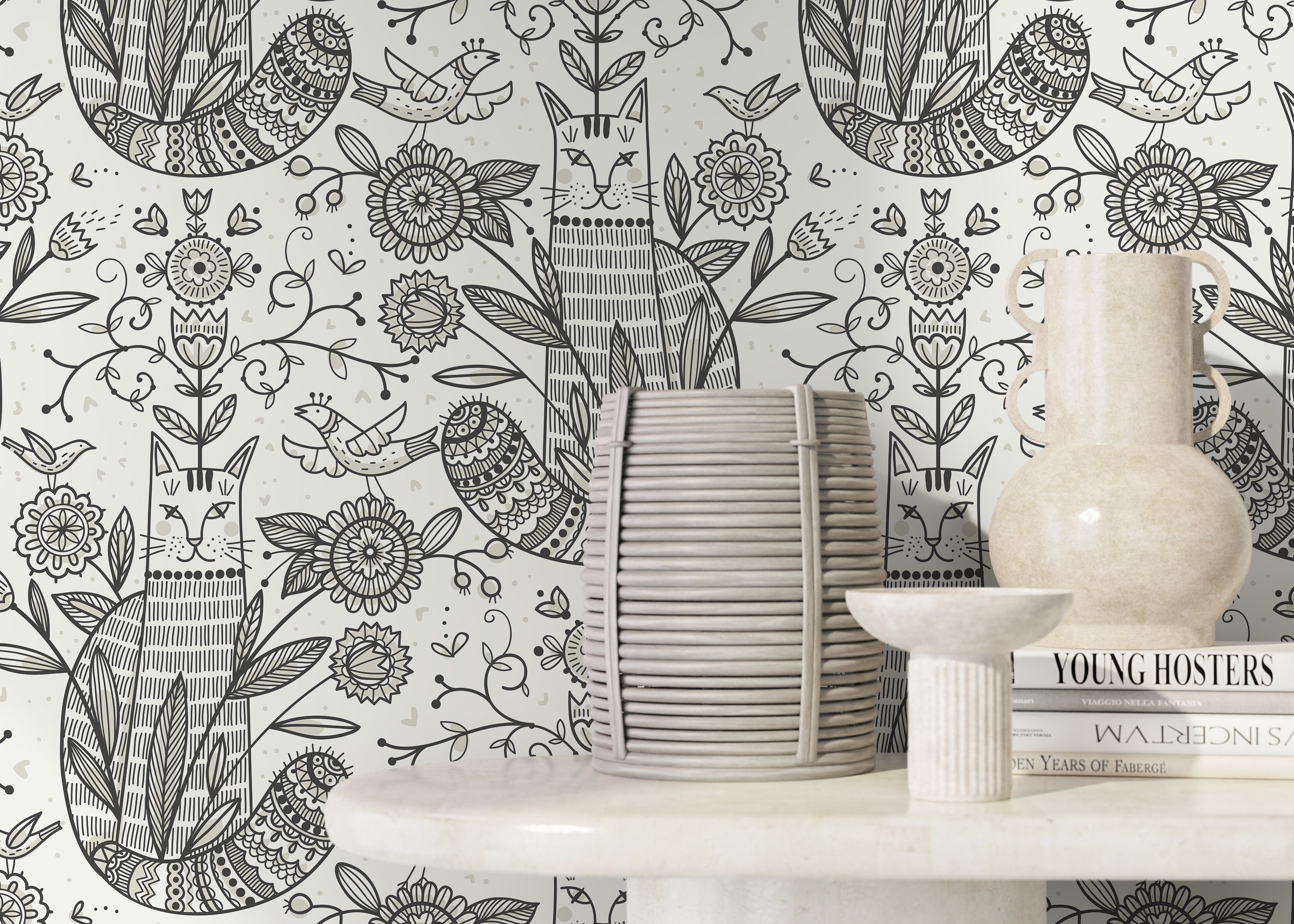 Folk Art Wallpaper With Stylized Cats And Florals In Black And Gray - D294