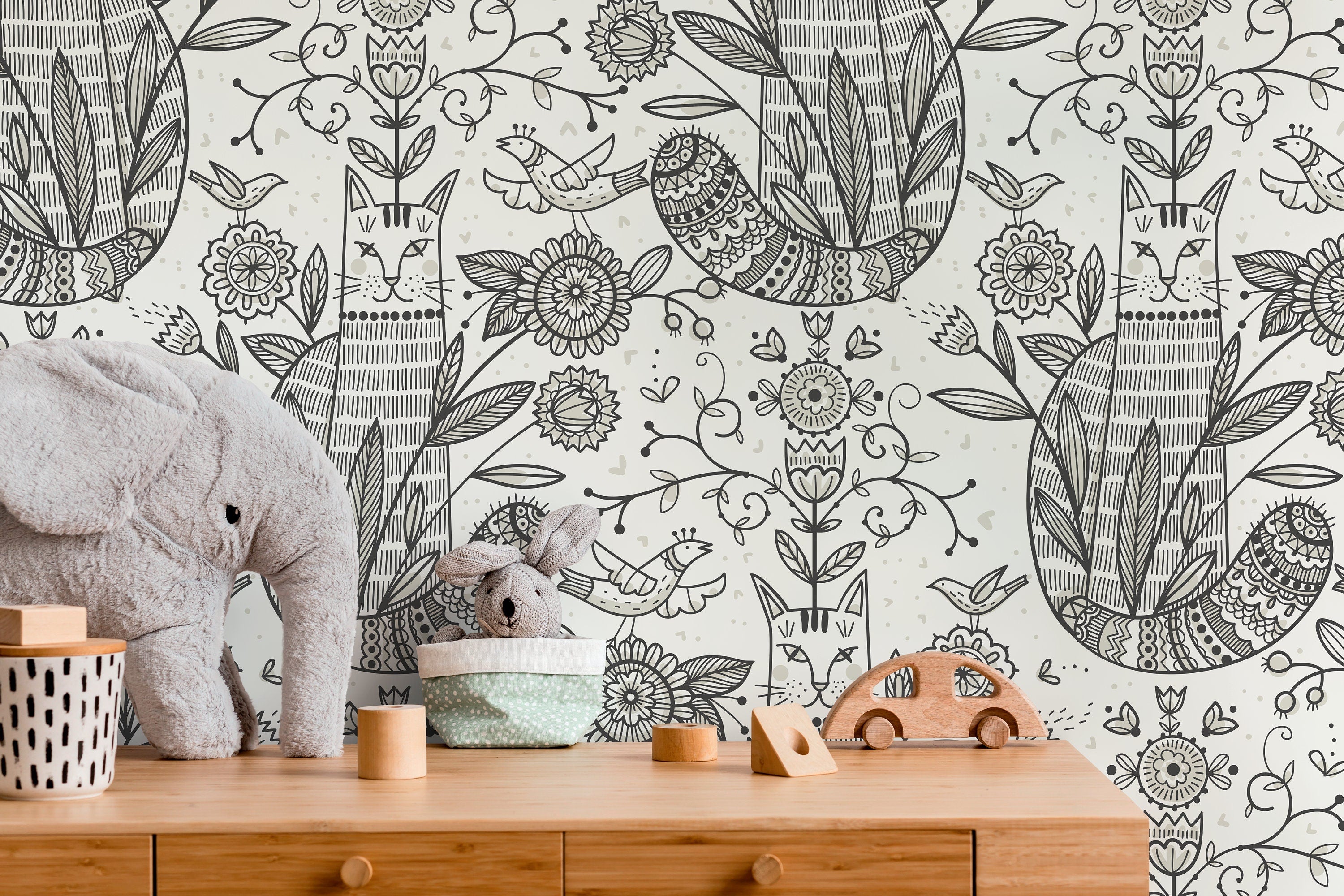 Folk Art Wallpaper With Stylized Cats And Florals In Black And Gray - D294