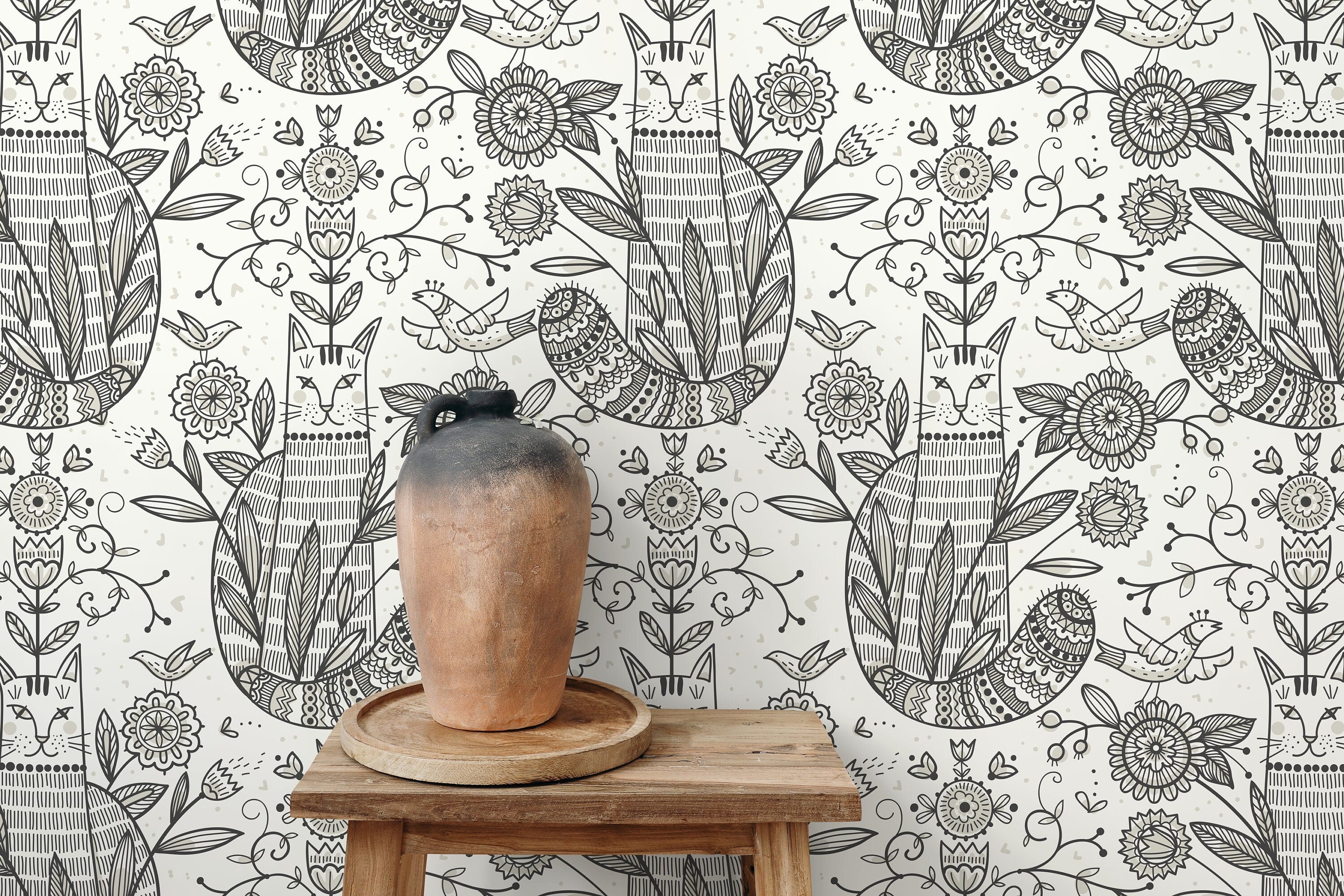 Folk Art Wallpaper With Stylized Cats And Florals In Black And Gray - D294