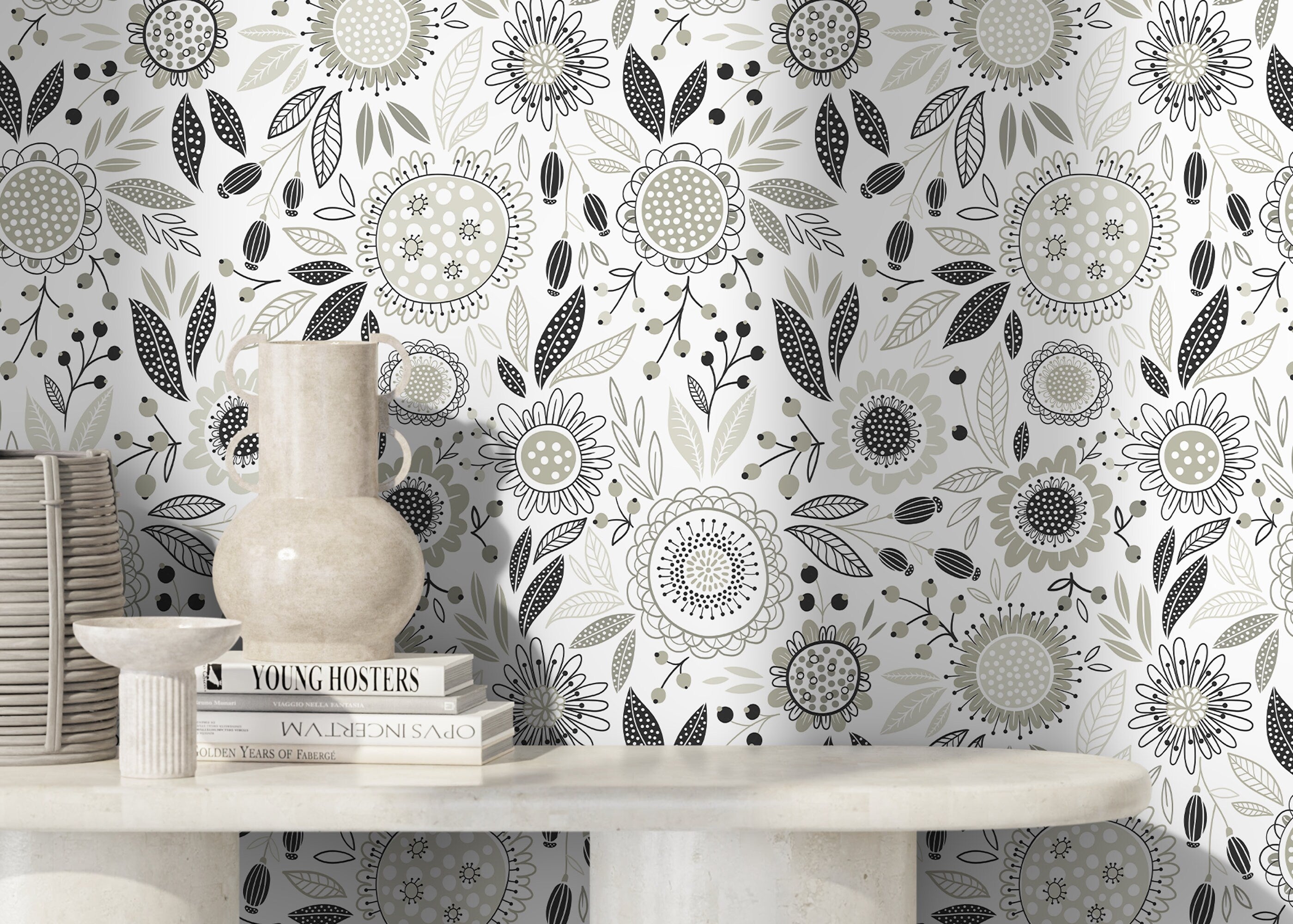 Floral Wallpaper With Stylized Folk Art Blooms In Gray And Black - D283
