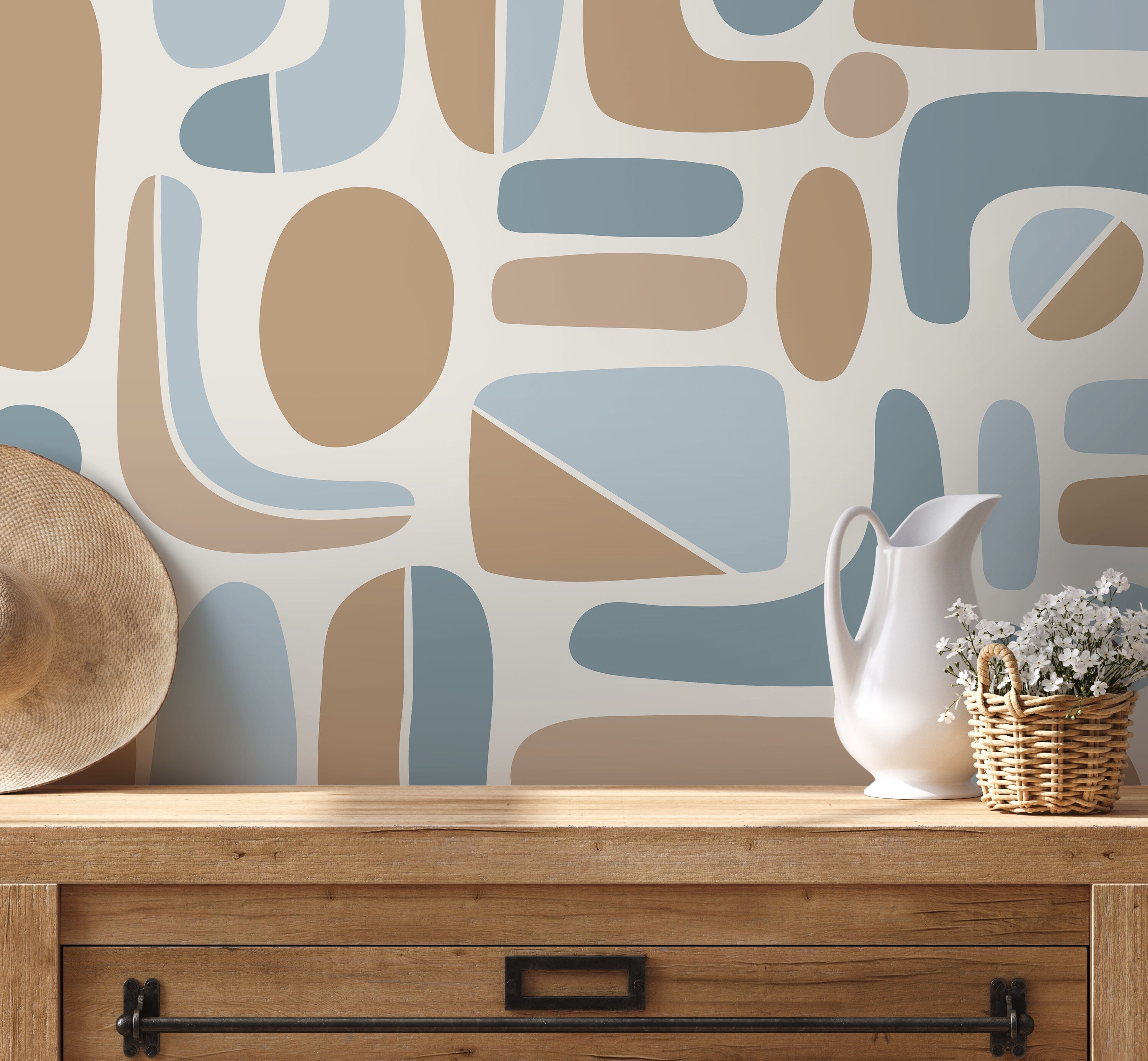 Abstract Wallpaper With Organic Mid-century Shapes In Blue And Tan - D304