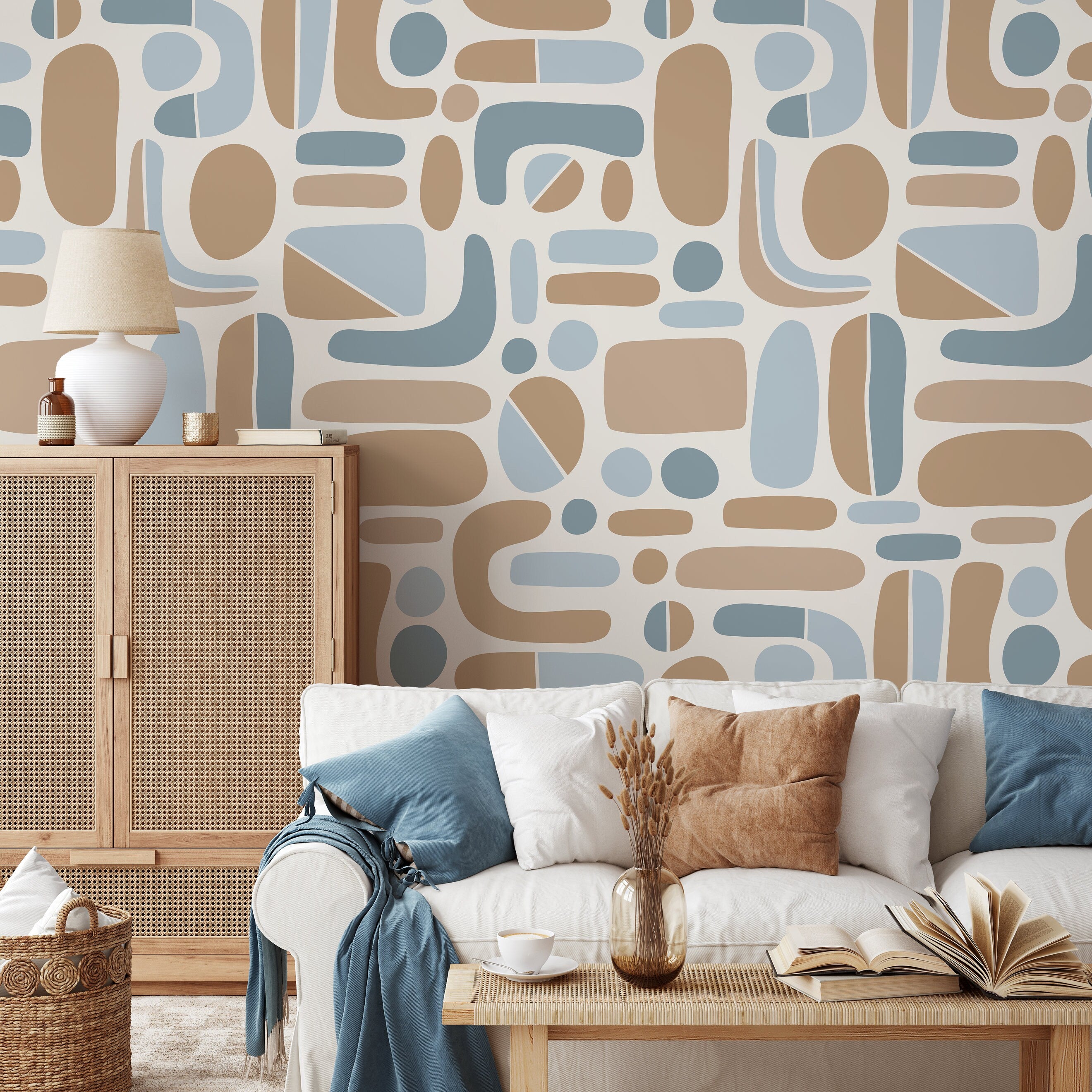 Abstract Wallpaper With Organic Mid-century Shapes In Blue And Tan - D304