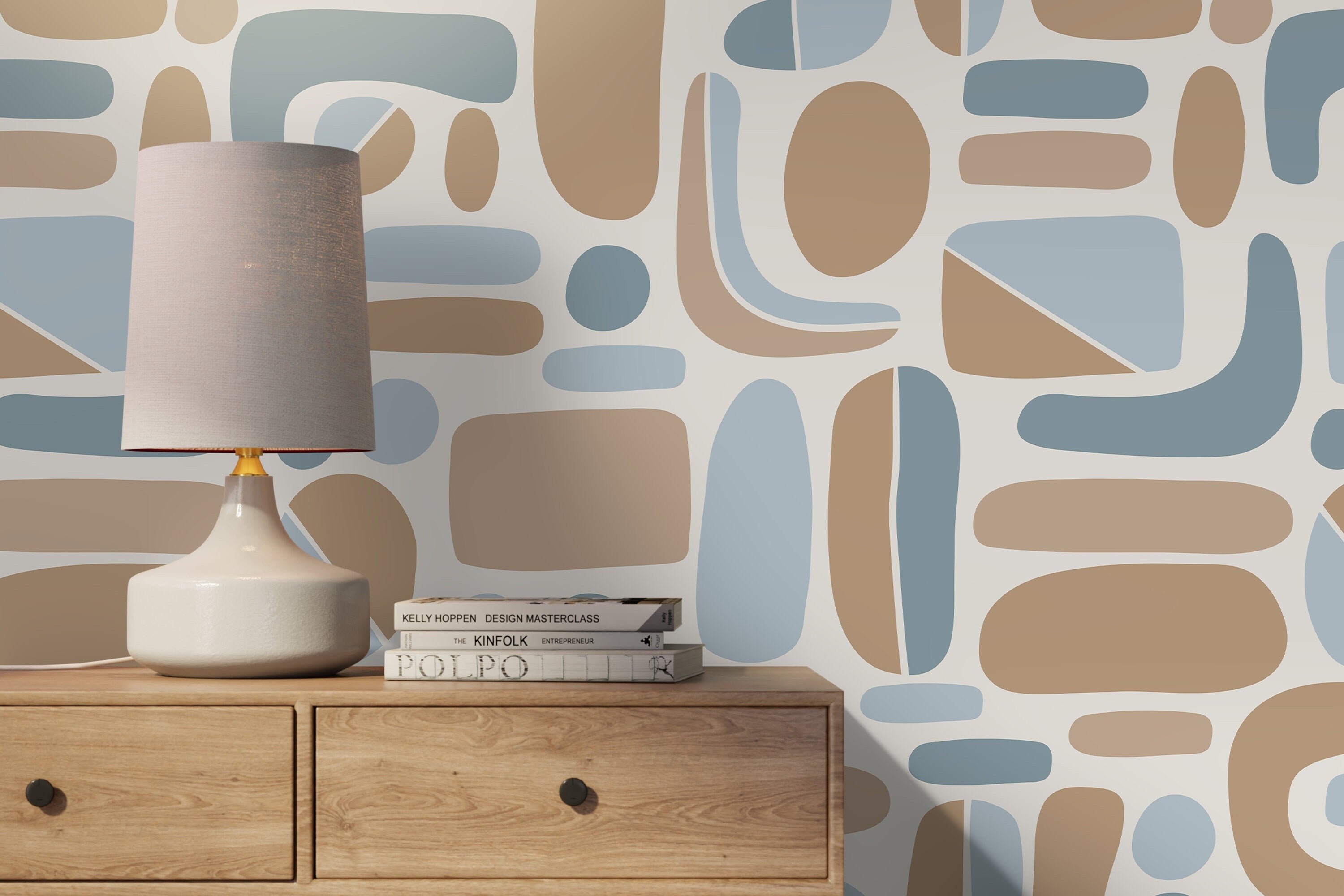 Abstract Wallpaper With Organic Mid-century Shapes In Blue And Tan - D304
