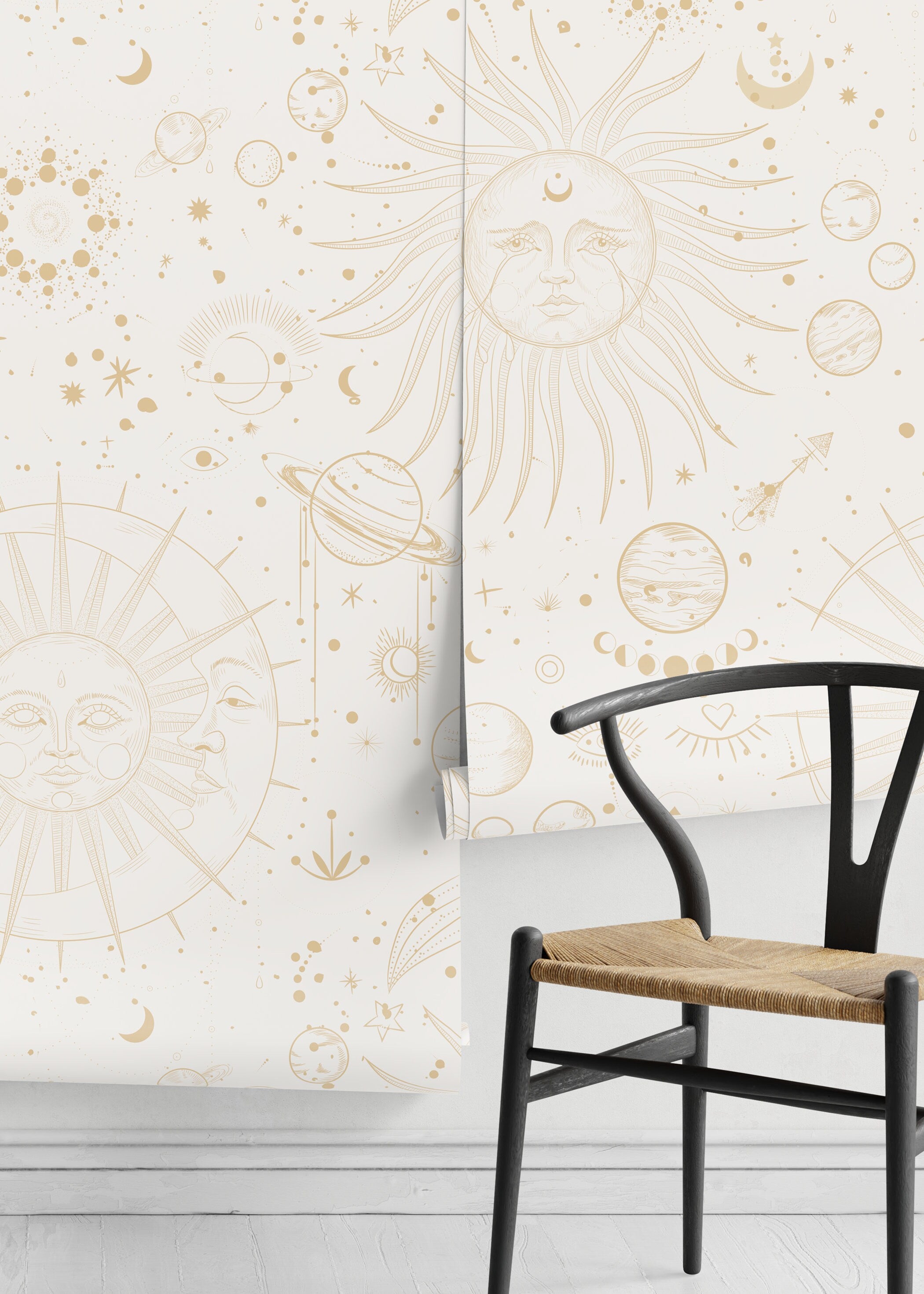 Celestial Wallpaper With Sun And Moon Motifs In Beige - D341