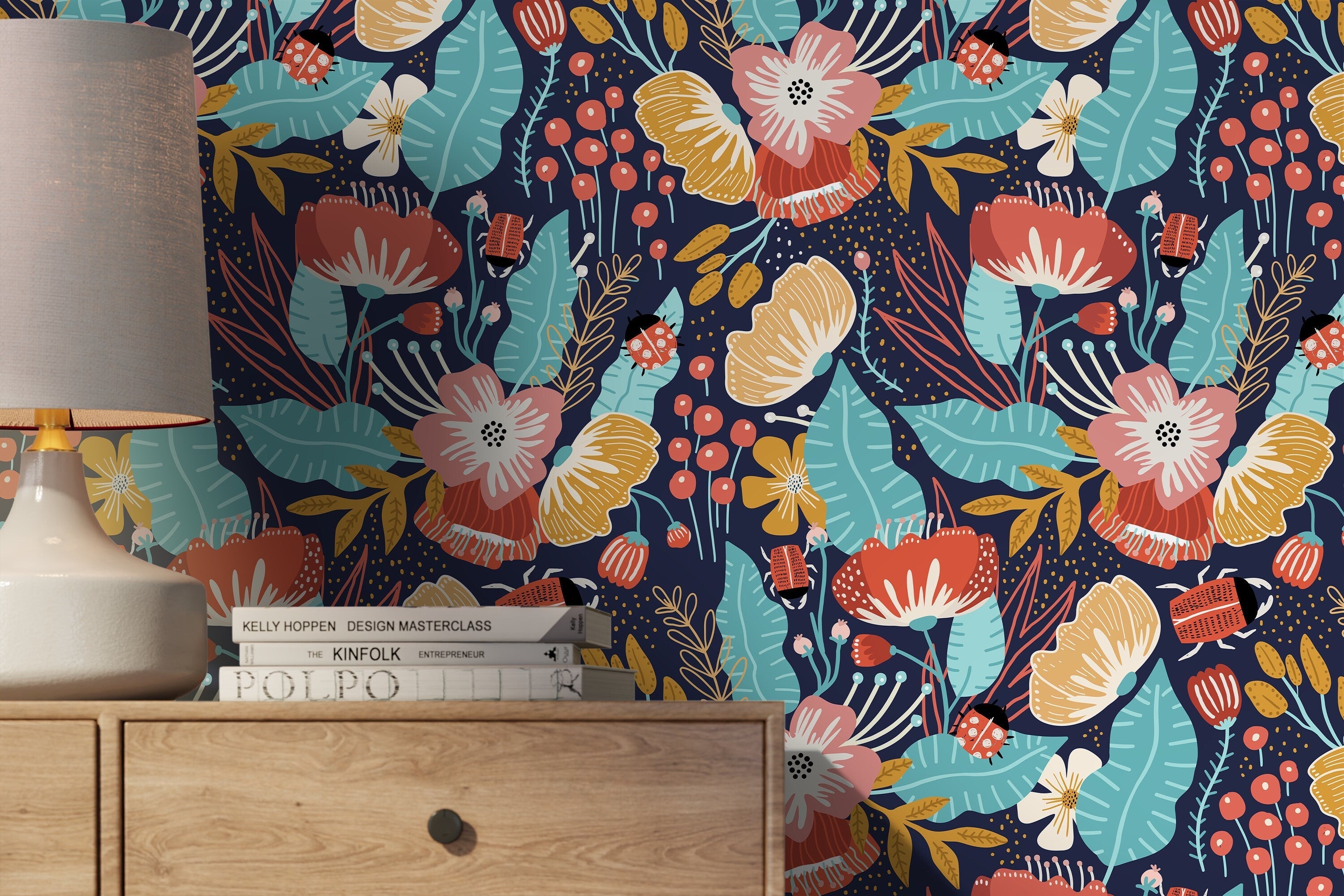 Floral Wallpaper With A Folk Art Garden In Red, Teal, And Yellow - D311