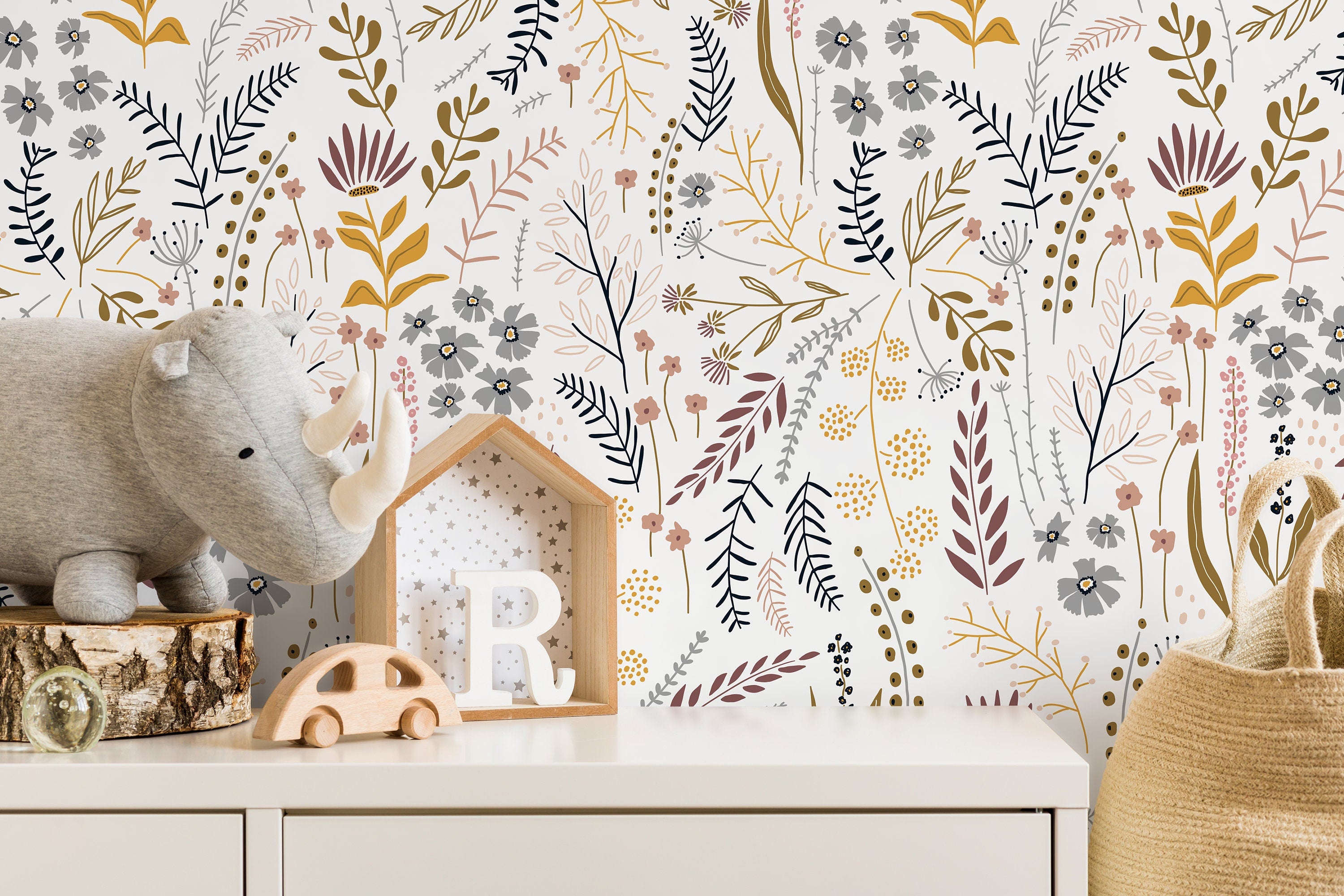 Botanical Wallpaper With A Folk Art Wildflower Motif In Mustard, Mauve, And Gray - D316