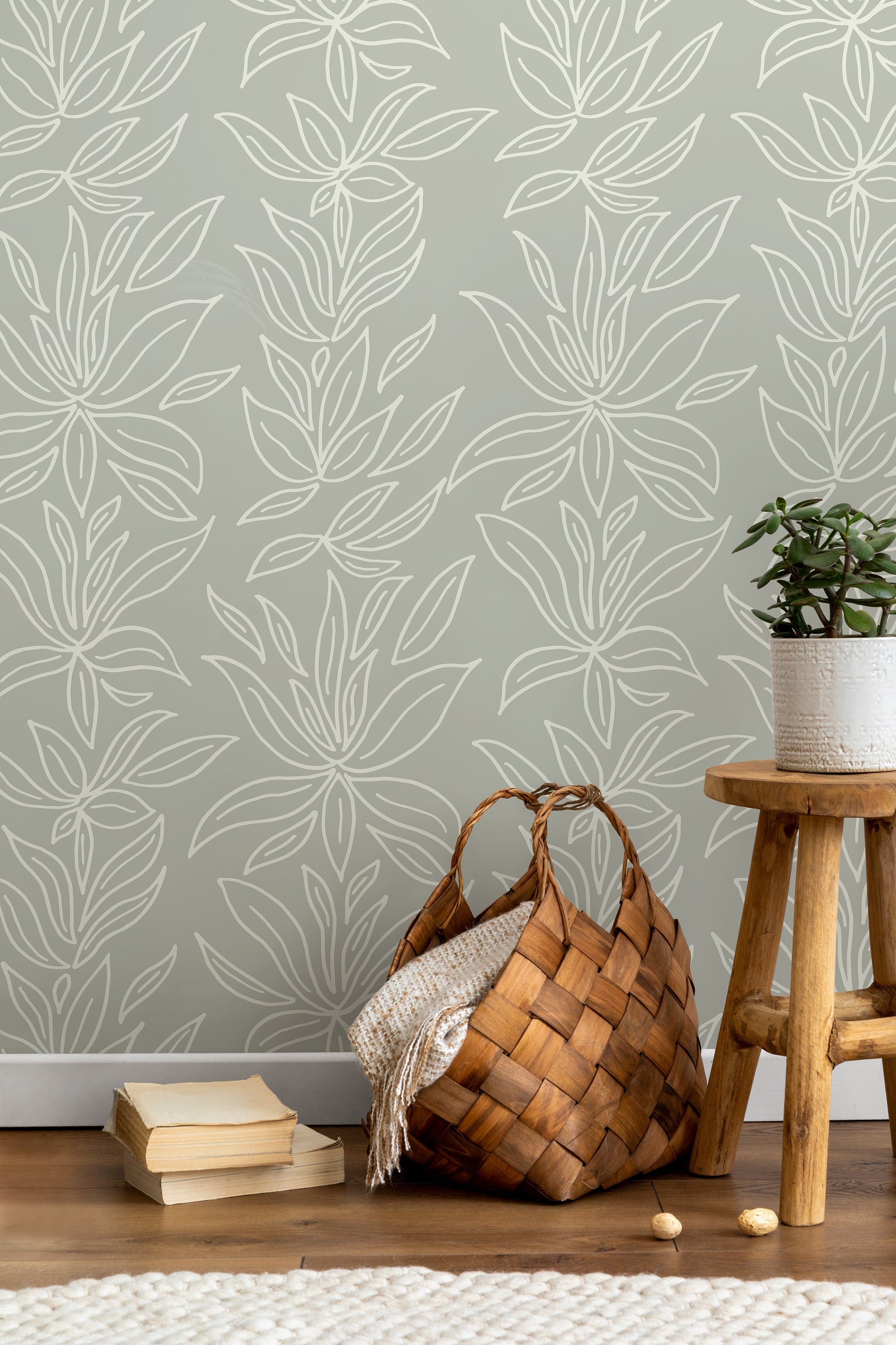 Botanical Wallpaper With A Minimalist Leaf Motif In Sage Green And White - D329