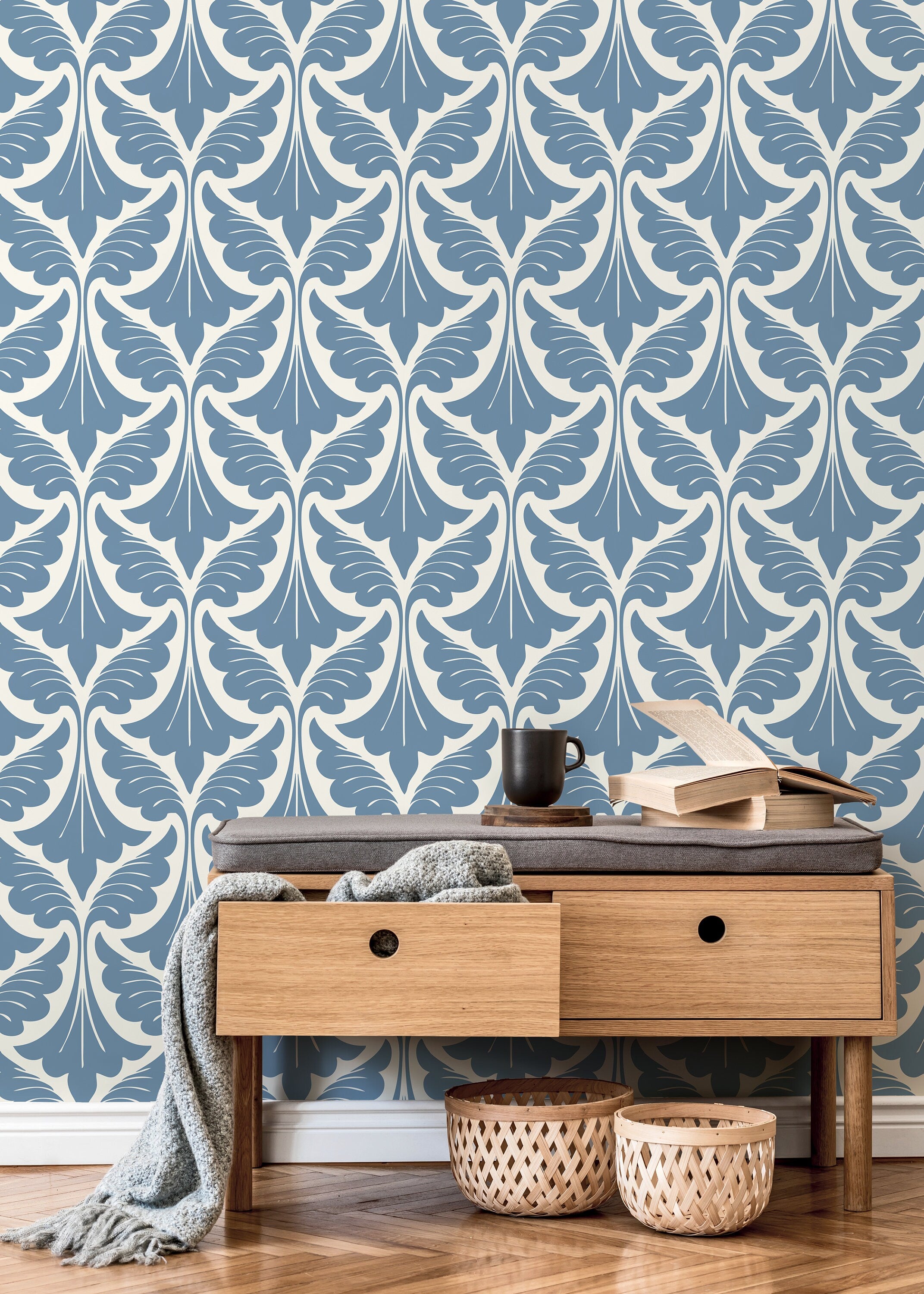 Damask Wallpaper With A Stylized Leaf Motif In Light Blue - D189
