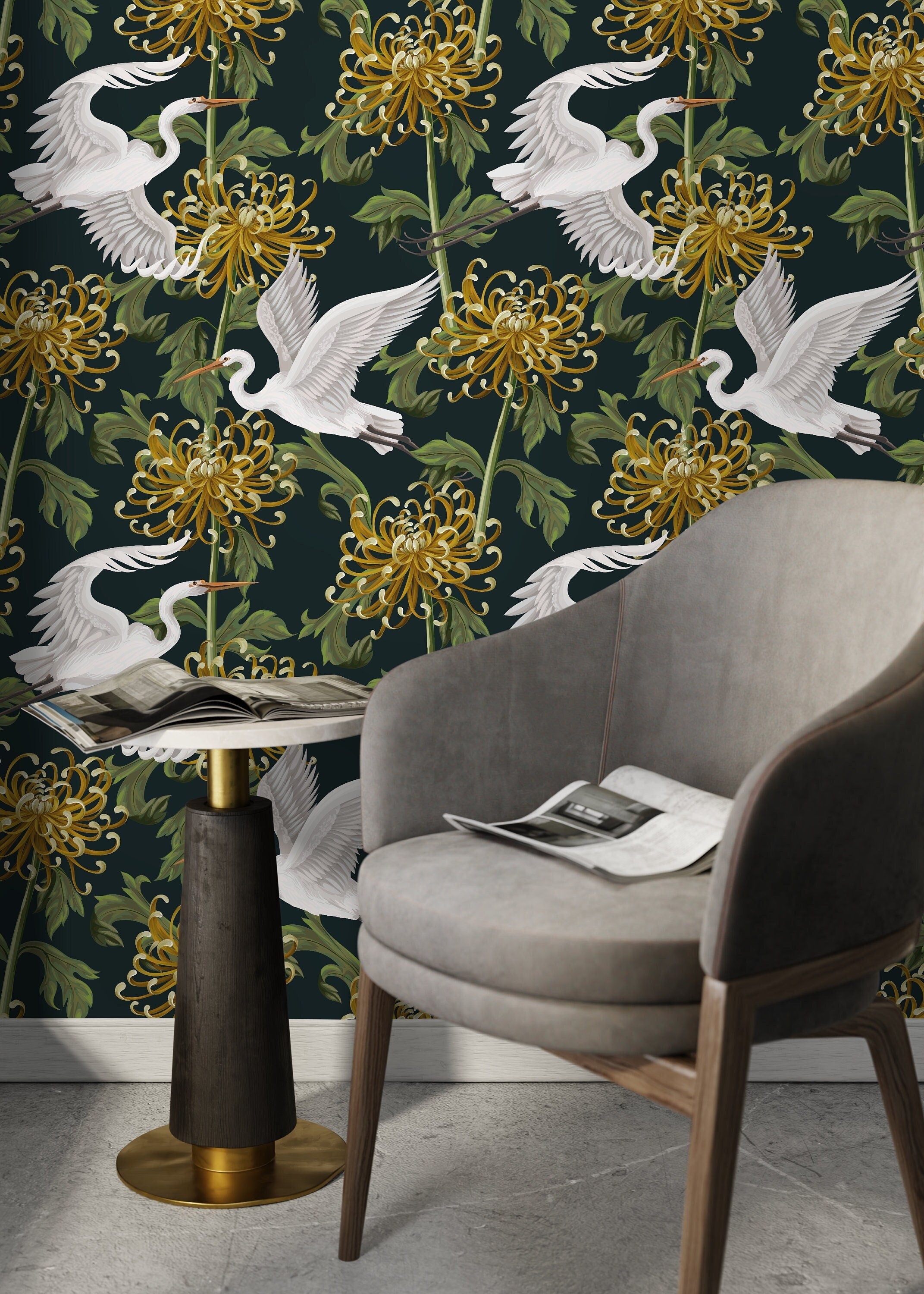 Chinoiserie Wallpaper With Cranes And Chrysanthemums In Dark Green, Gold, And White - D262