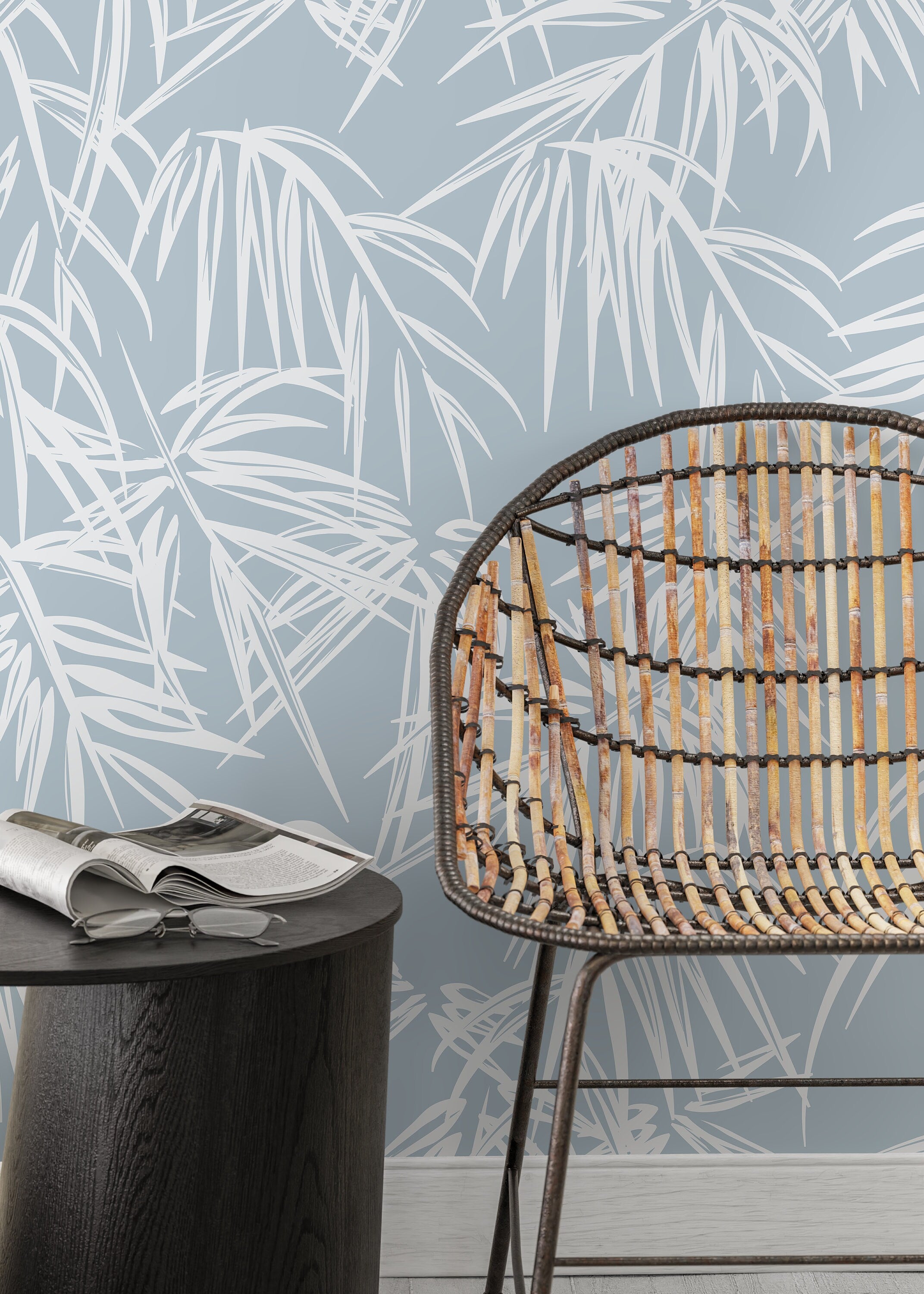Tropical Wallpaper With Stylized Bamboo Leaves In Light Blue And White - D334