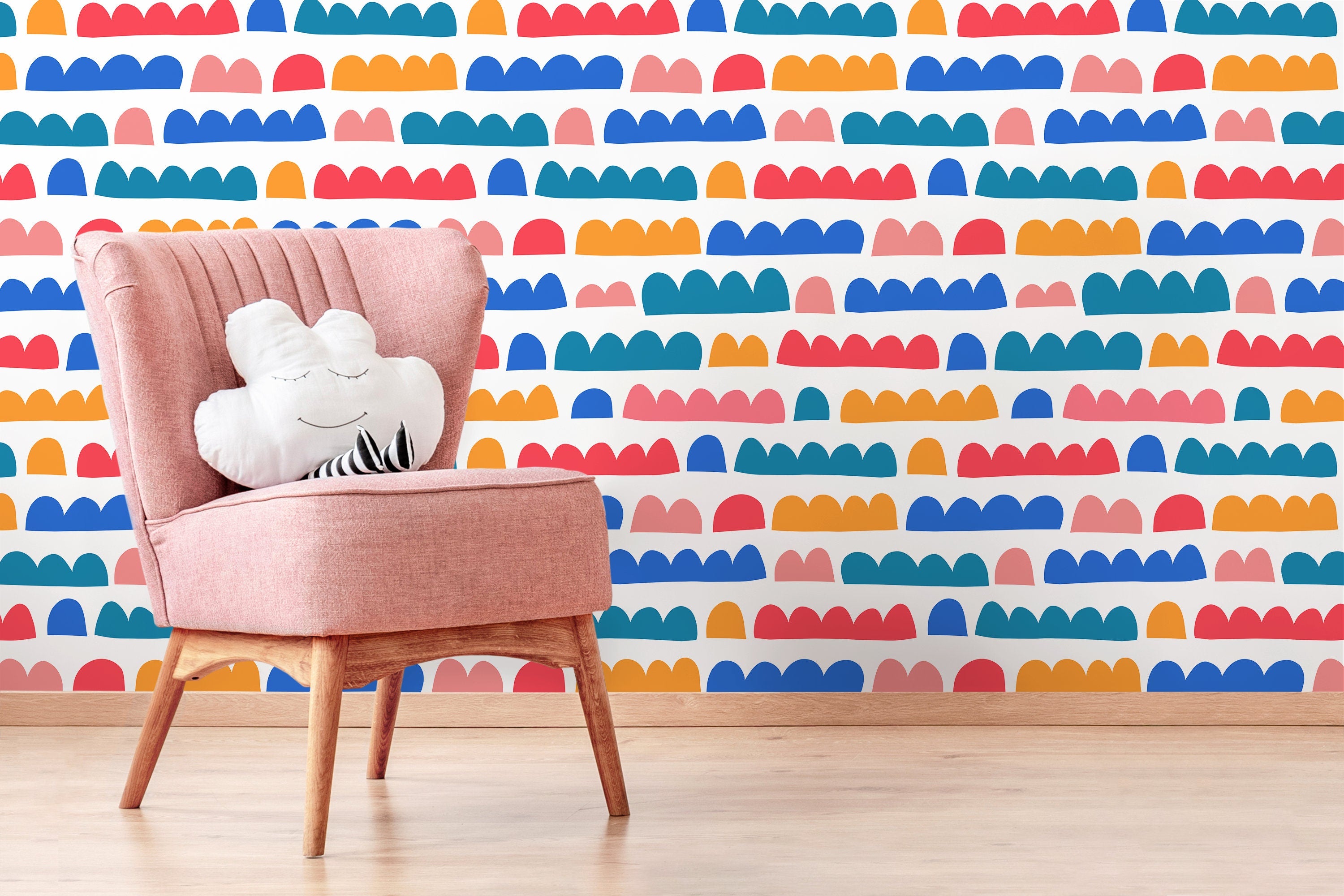 Abstract Wallpaper With Modern Scalloped Shapes In Red, Blue, And Yellow - D337
