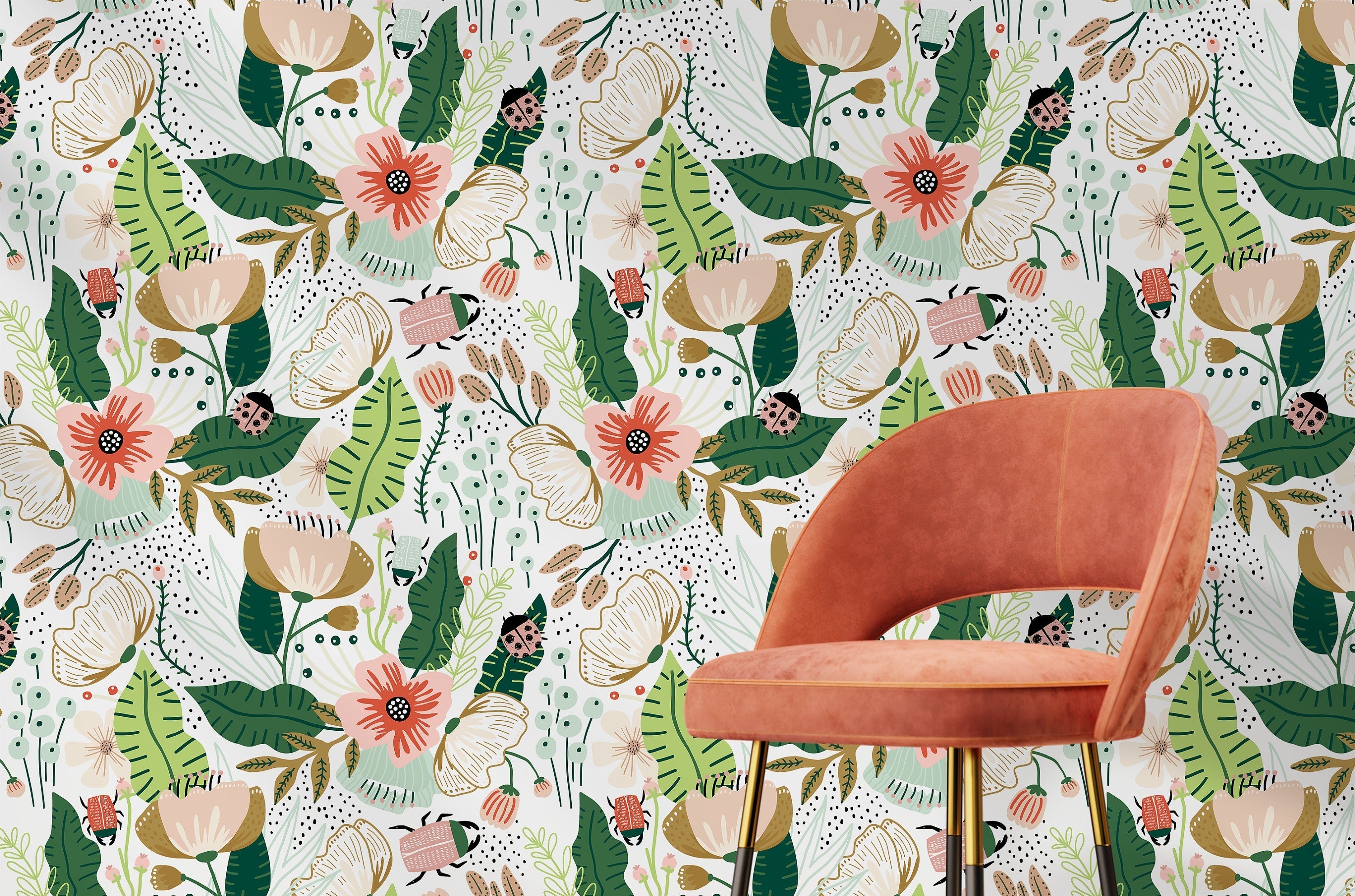 Botanical Wallpaper With A Whimsical Garden Motif In Pink, Green, And Ochre - D310