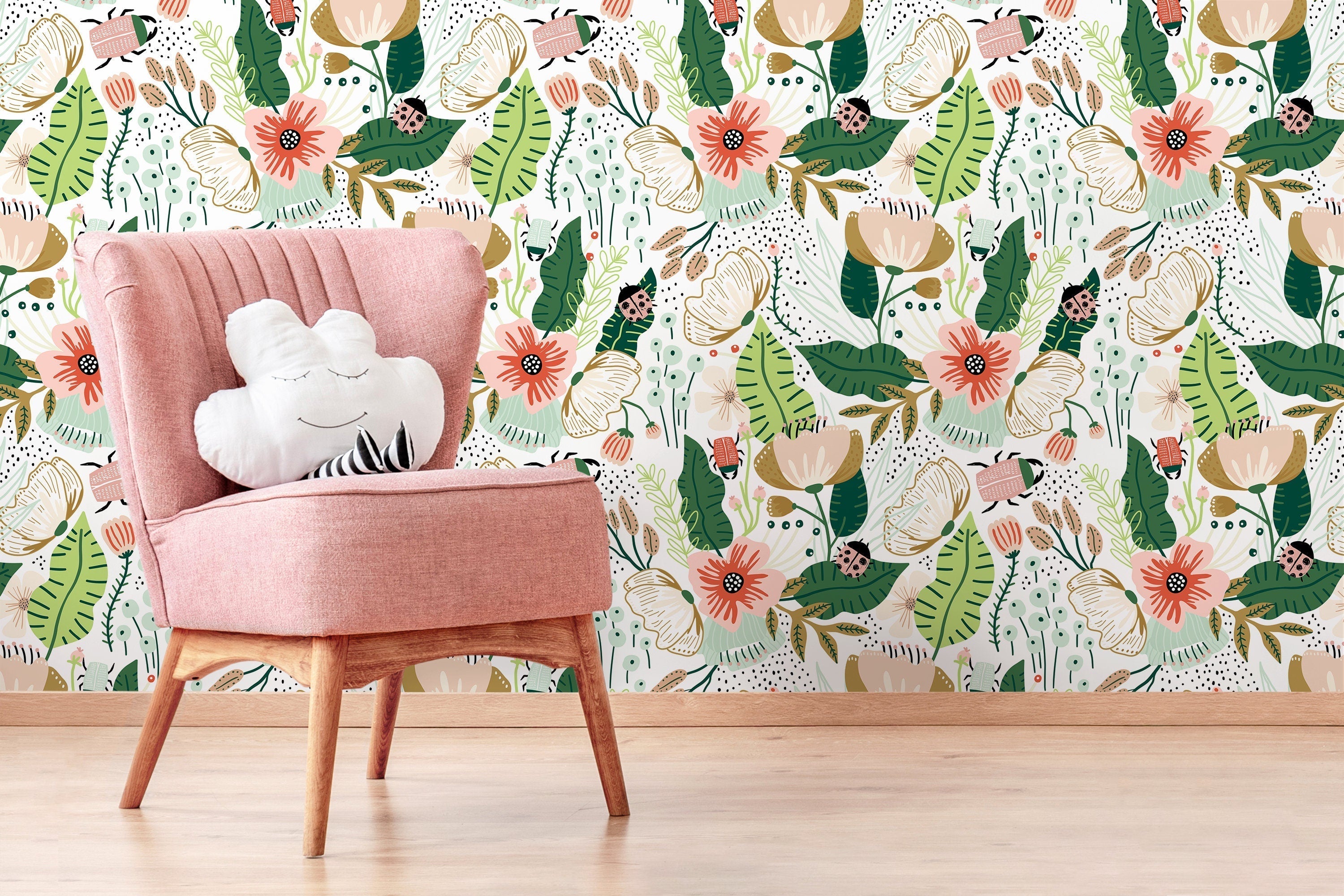 Botanical Wallpaper With A Whimsical Garden Motif In Pink, Green, And Ochre - D310