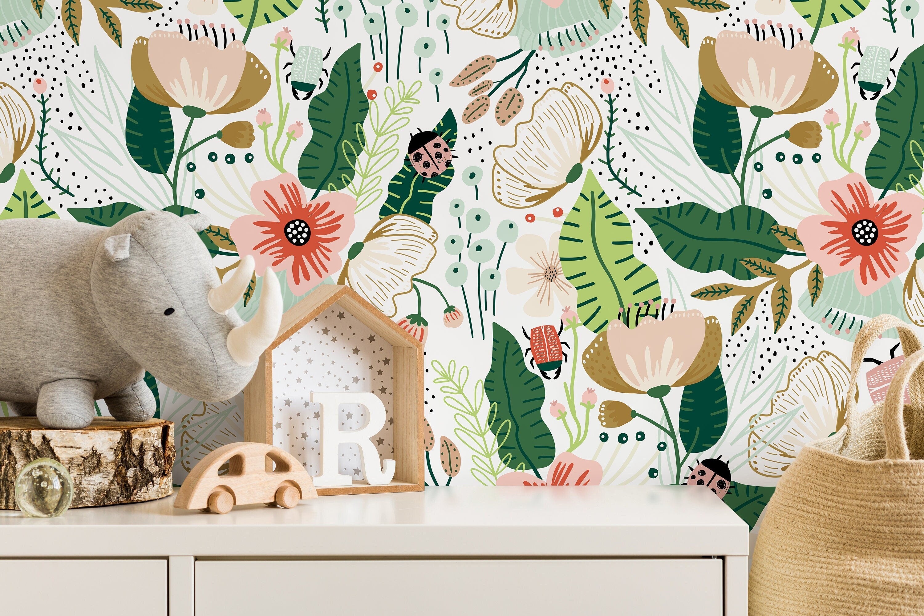 Botanical Wallpaper With A Whimsical Garden Motif In Pink, Green, And Ochre - D310