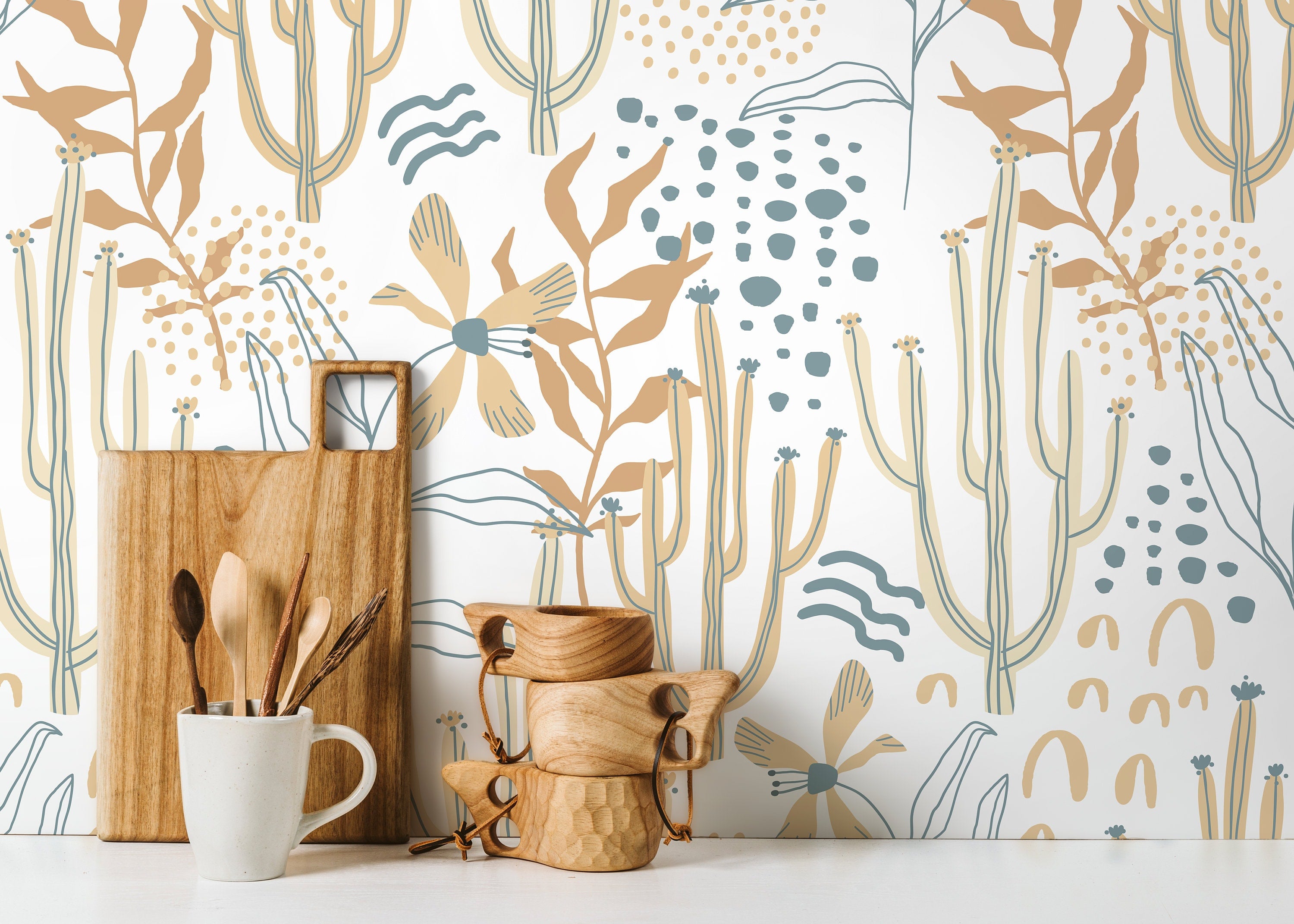 Boho Wallpaper With Cactus And Floral Art In Teal, Tan, And Orange - D314