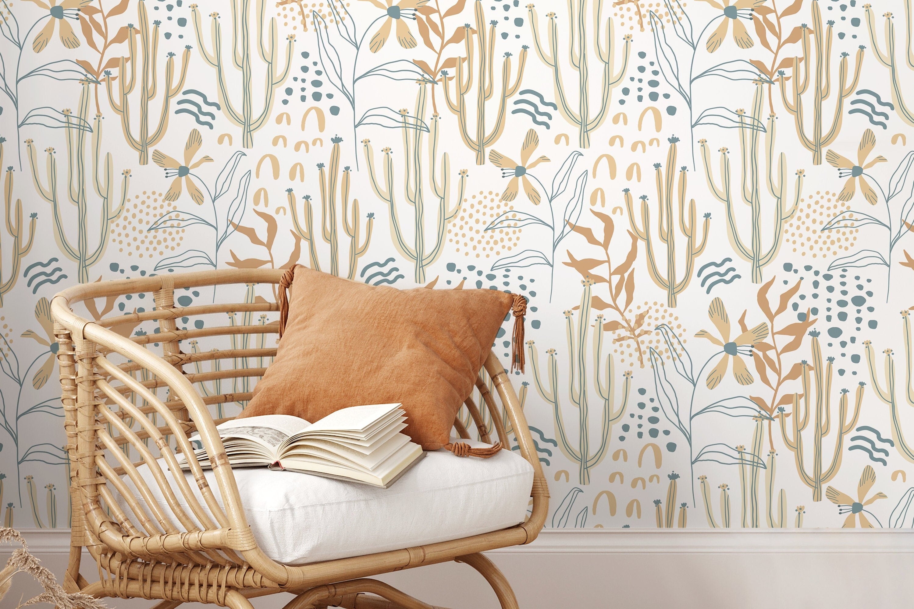 Boho Wallpaper With Cactus And Floral Art In Teal, Tan, And Orange - D314