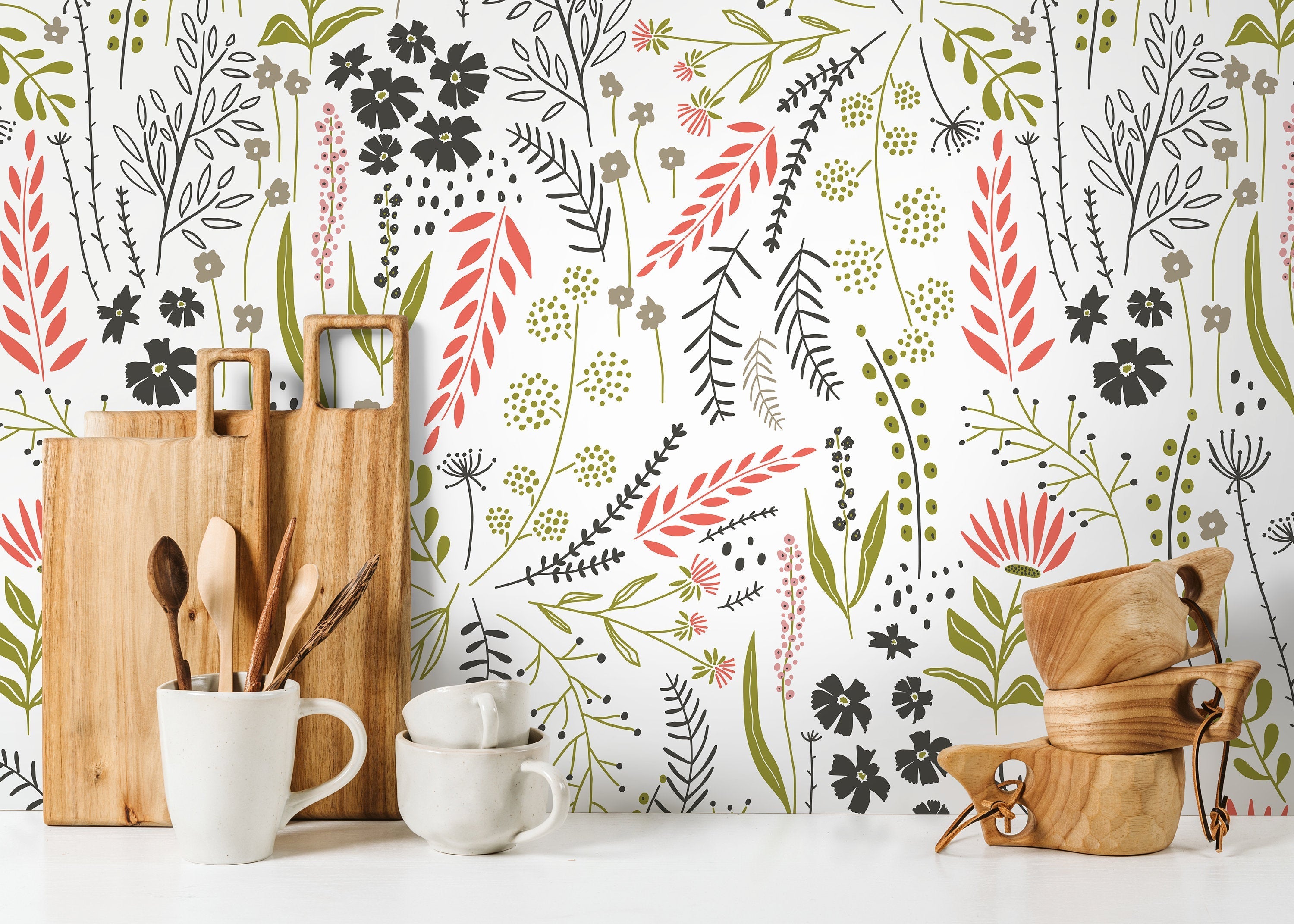 Botanical Wallpaper With A Hand-drawn Wildflower Motif In Green, Red, And Black - D318