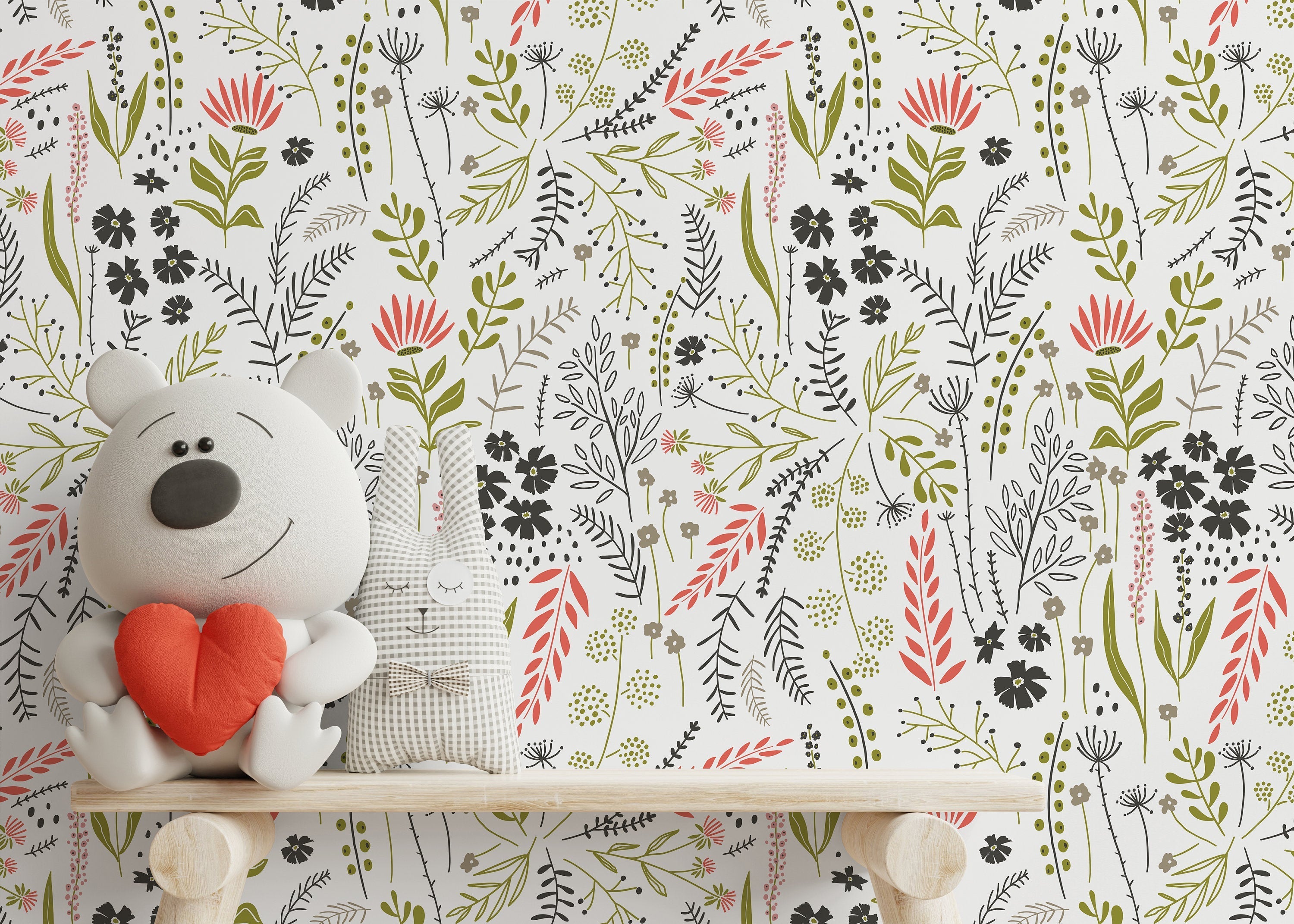 Botanical Wallpaper With A Hand-drawn Wildflower Motif In Green, Red, And Black - D318