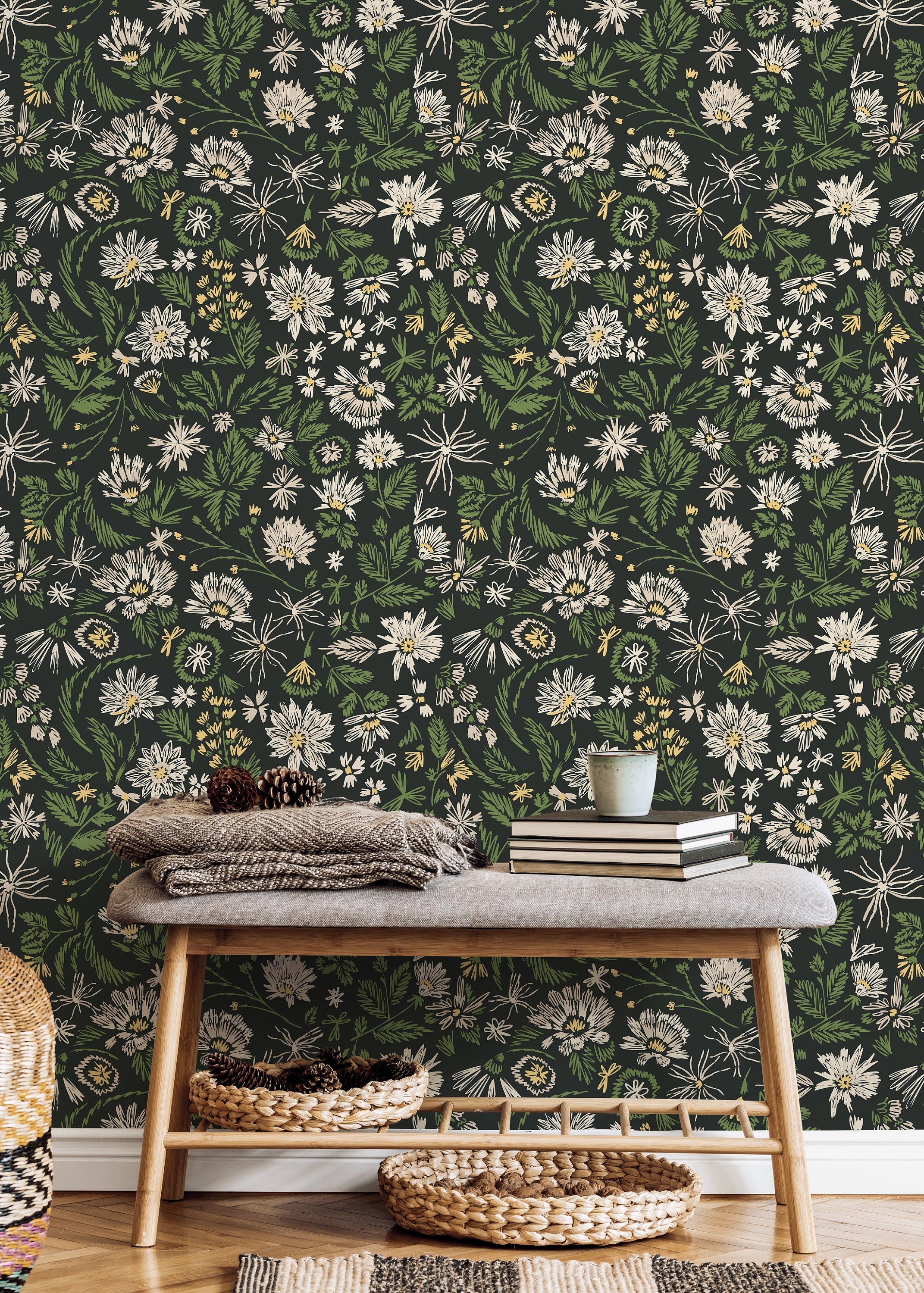 Botanical Wallpaper With Sketchy Wildflowers In Green, Cream, And Yellow - D319