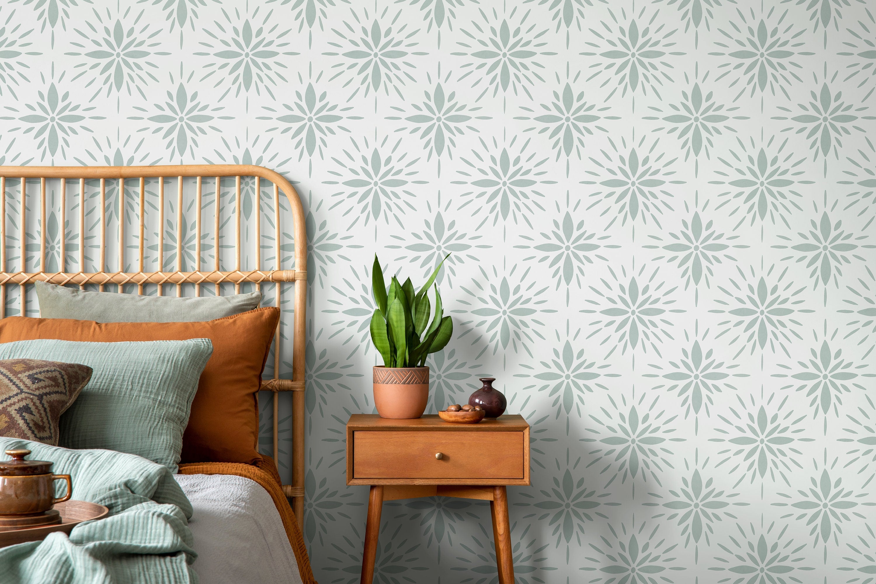 Tile Wallpaper With A Stylized Floral Medallion In Sage Green - D332
