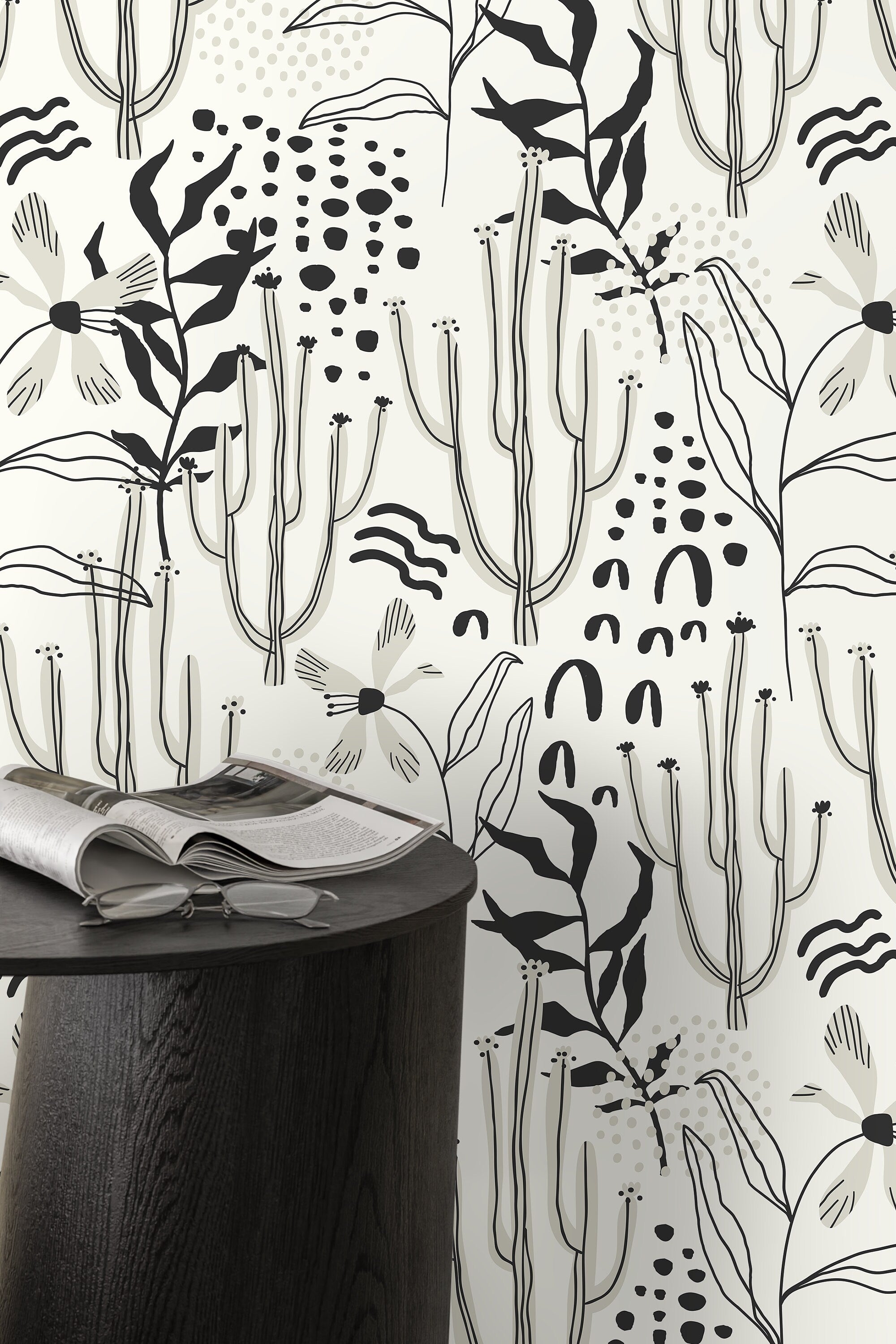 Floral Wallpaper With Abstract Cacti And Wildflowers In Black And Gray - D315