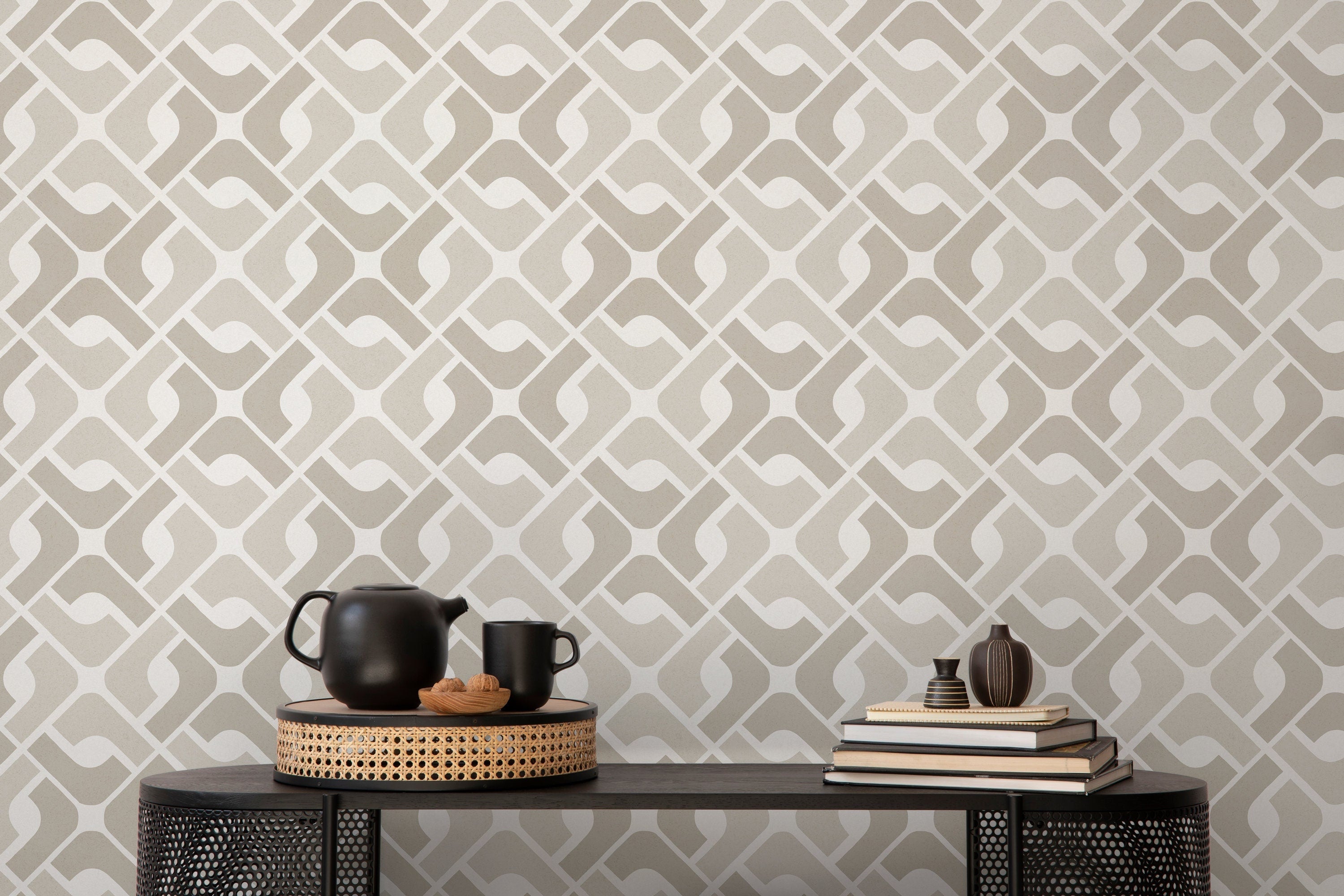 Geometric Wallpaper With An Interlocking Tile Motif In Beige And Taupe - D328