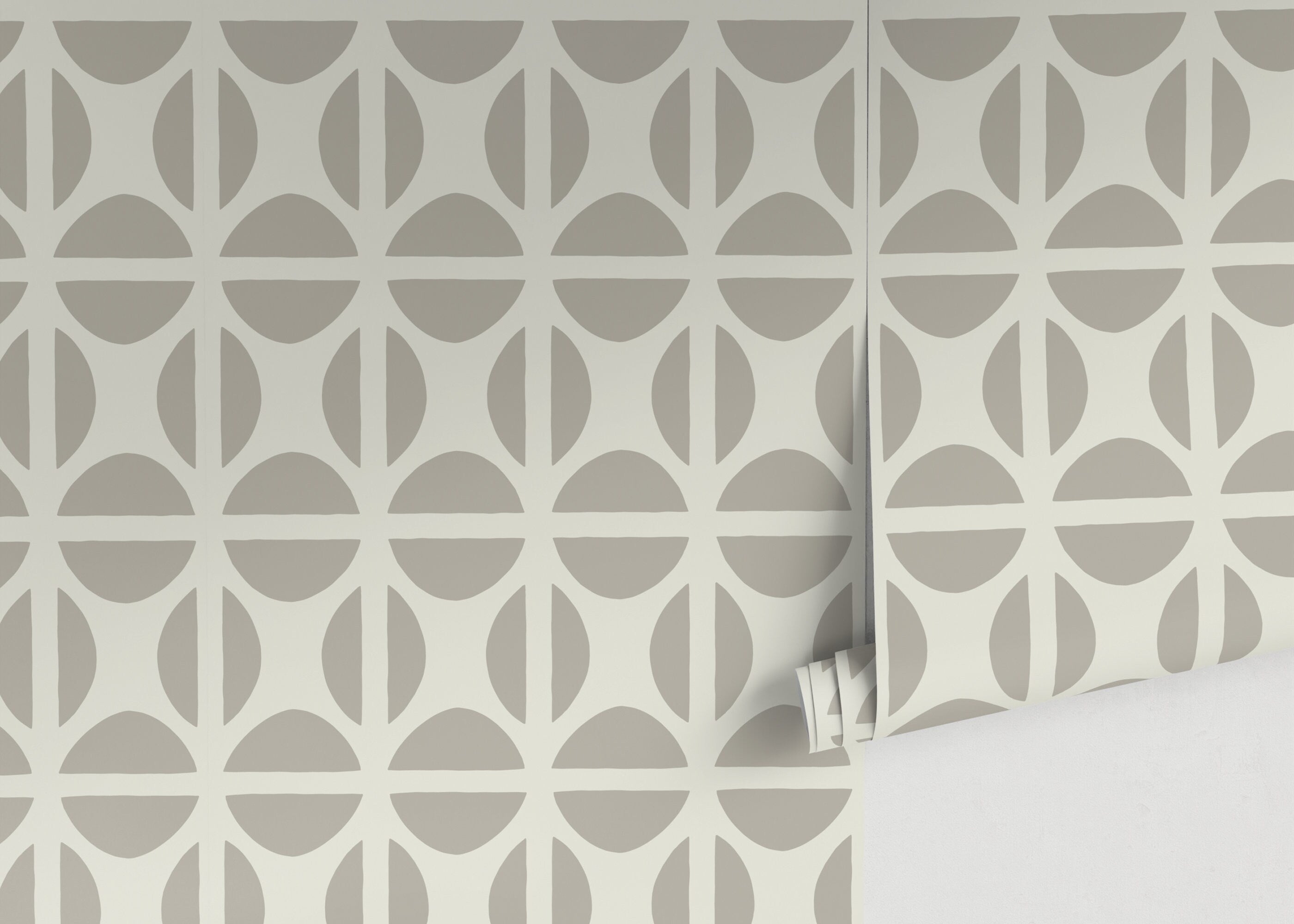 Geometric Wallpaper With A Modern Circle Grid In Beige And Taupe - D333