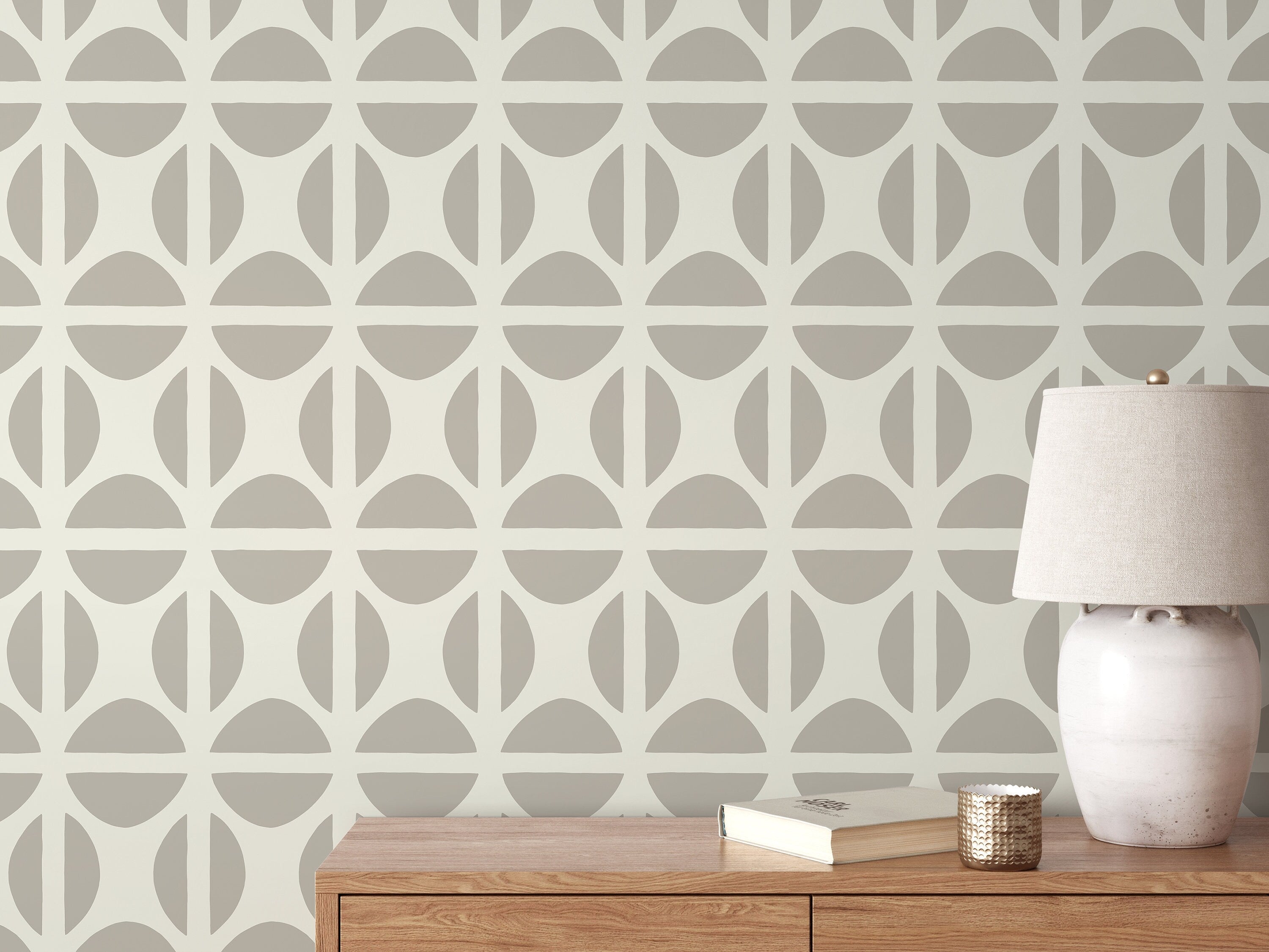 Geometric Wallpaper With A Modern Circle Grid In Beige And Taupe - D333