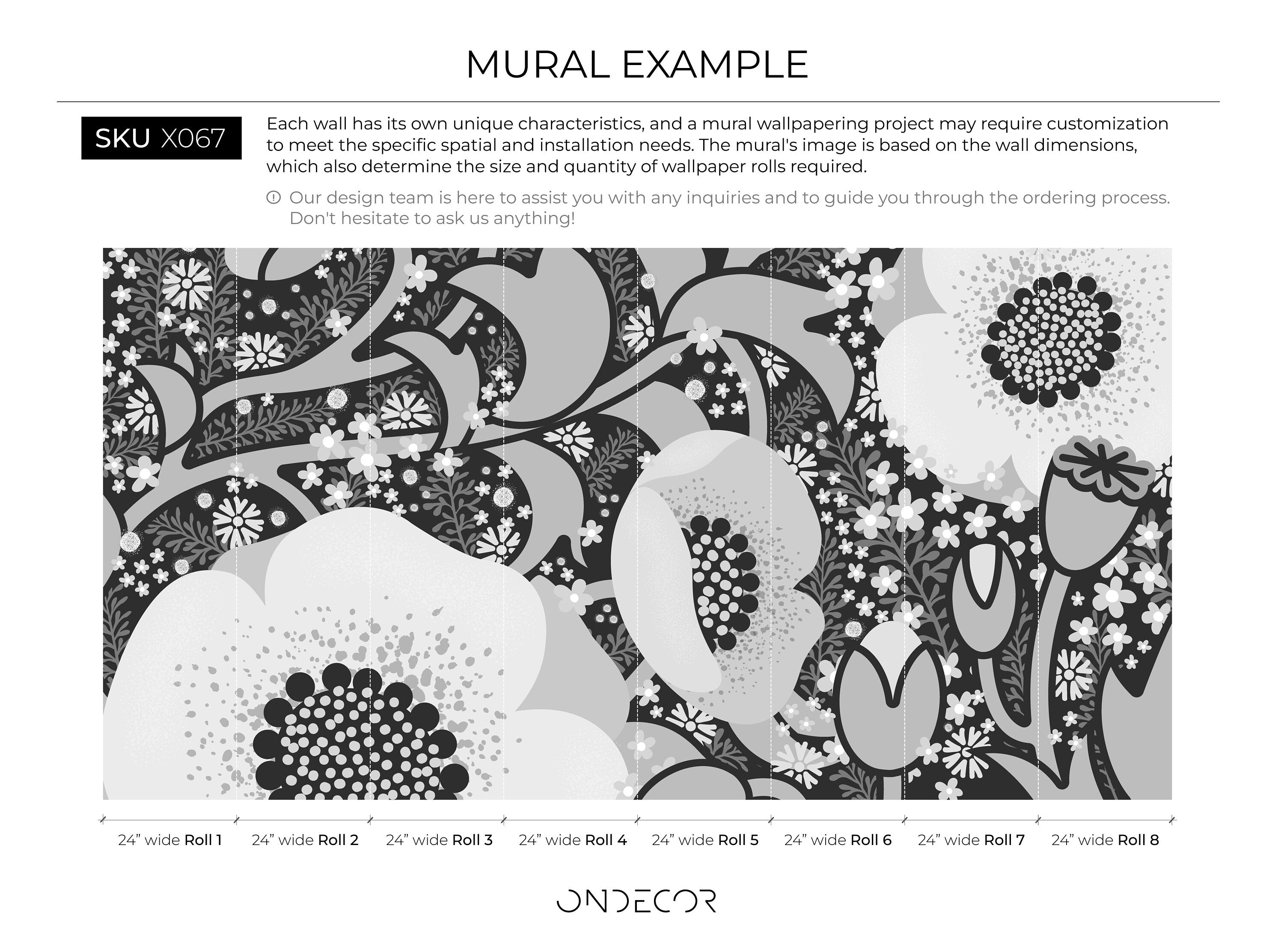 Abstract Wallpaper With A Stylized Floral Mural In Black, Gray, And White - X067