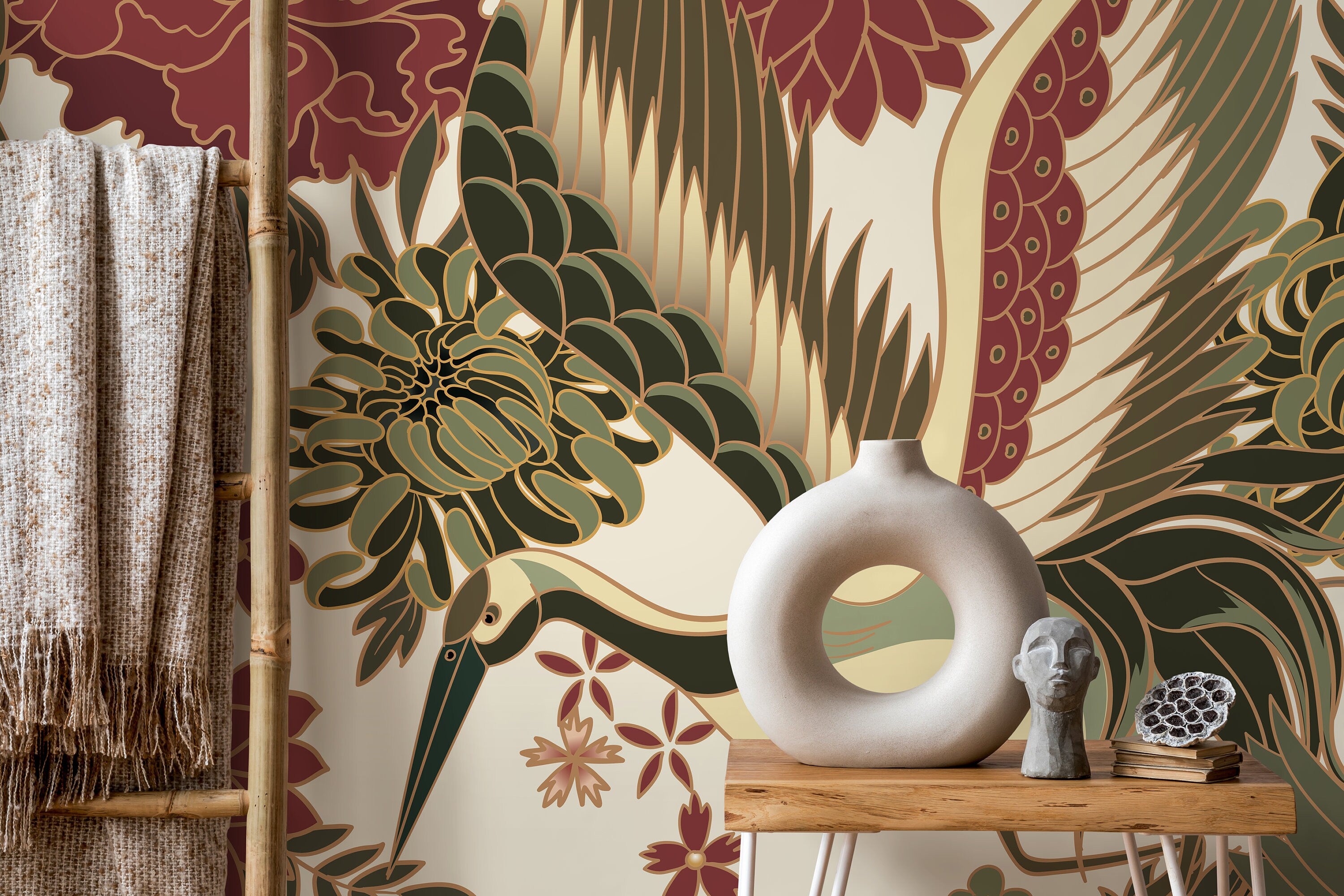 Chinoiserie Wallpaper With Cranes And Florals In Red, Green, And Beige - D247