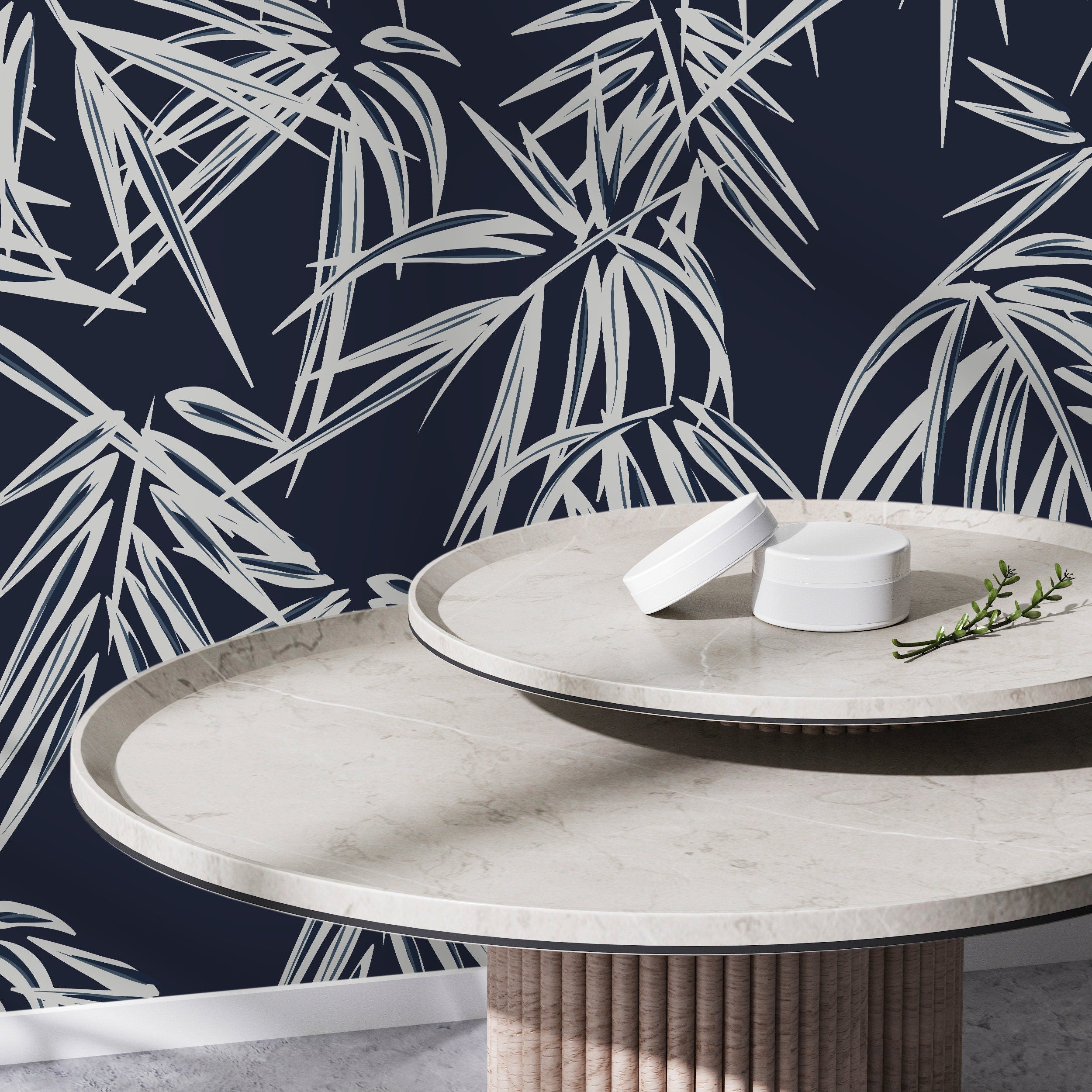 Tropical Wallpaper With A Palm Leaf Motif In Navy Blue And Off-white - D335