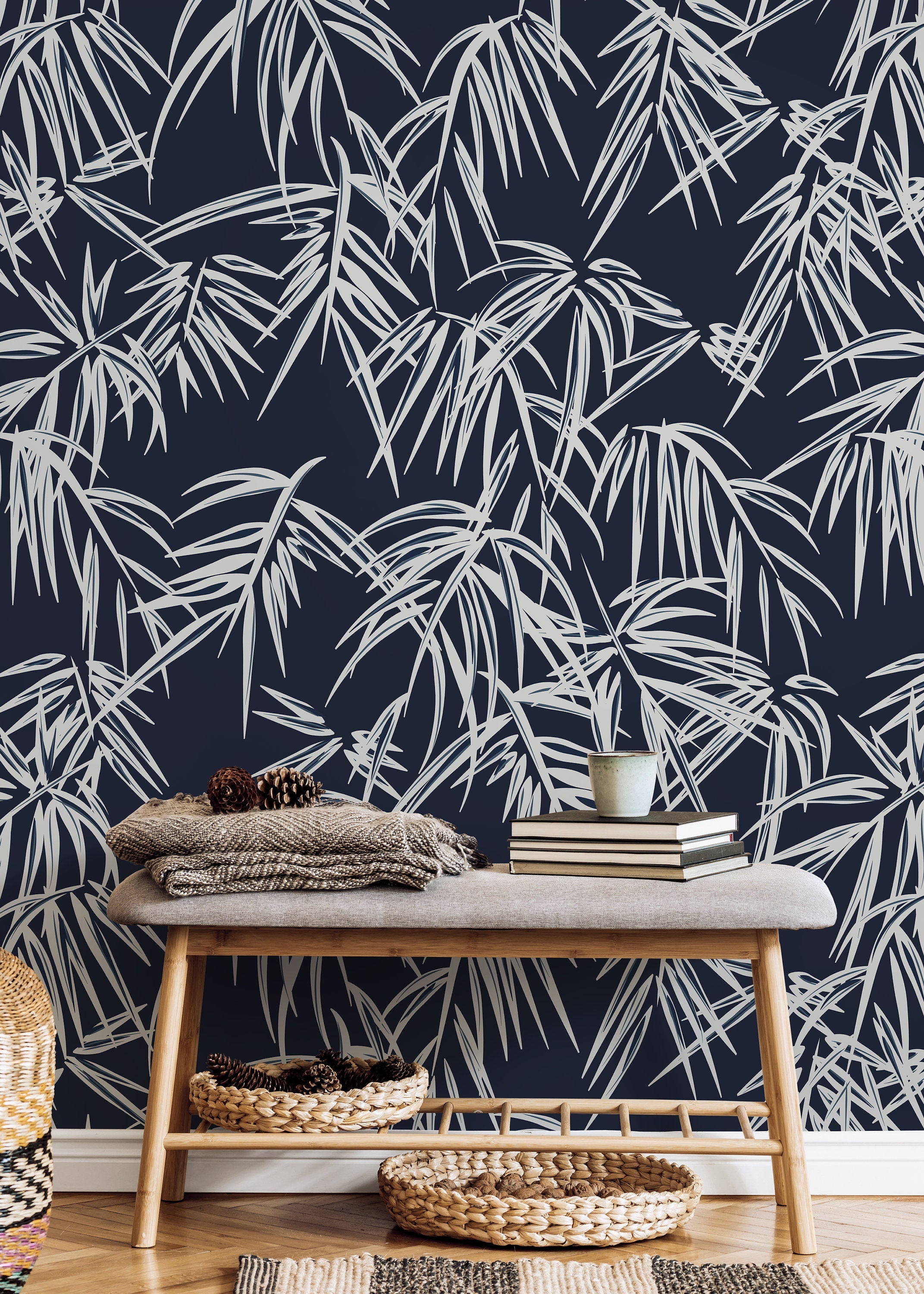 Tropical Wallpaper With A Palm Leaf Motif In Navy Blue And Off-white - D335