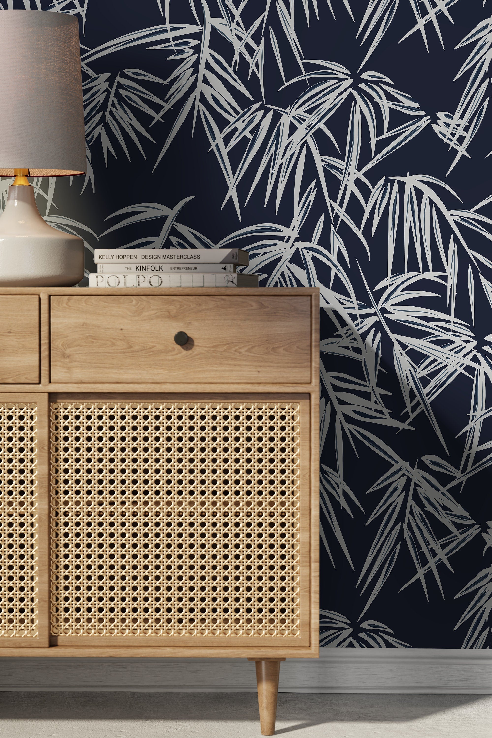 Tropical Wallpaper With A Palm Leaf Motif In Navy Blue And Off-white - D335