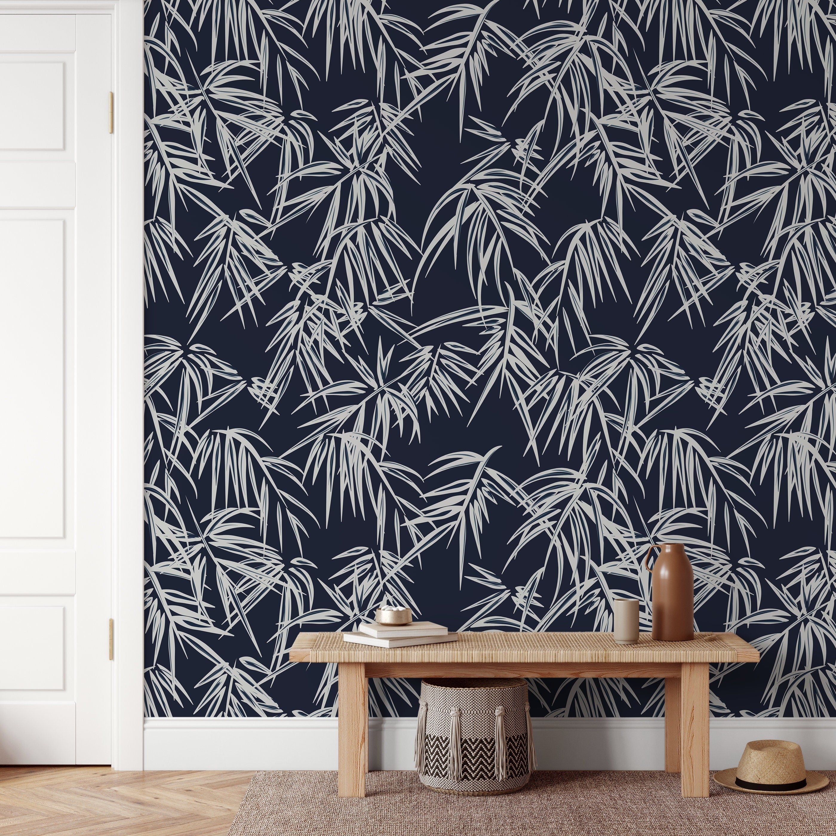 Tropical Wallpaper With A Palm Leaf Motif In Navy Blue And Off-white - D335