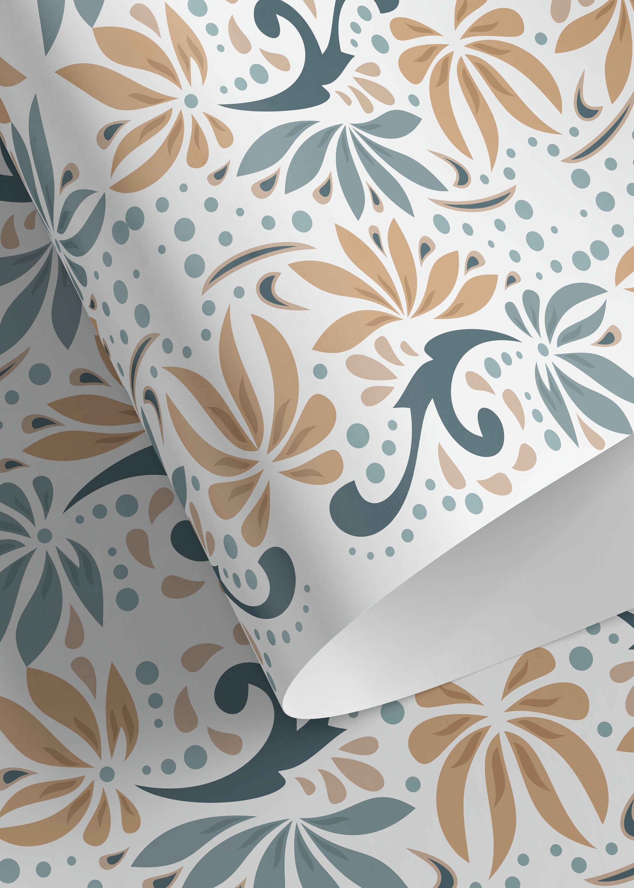 Floral Wallpaper With A Stylized Damask Motif In Teal, Tan, And Blue - D250
