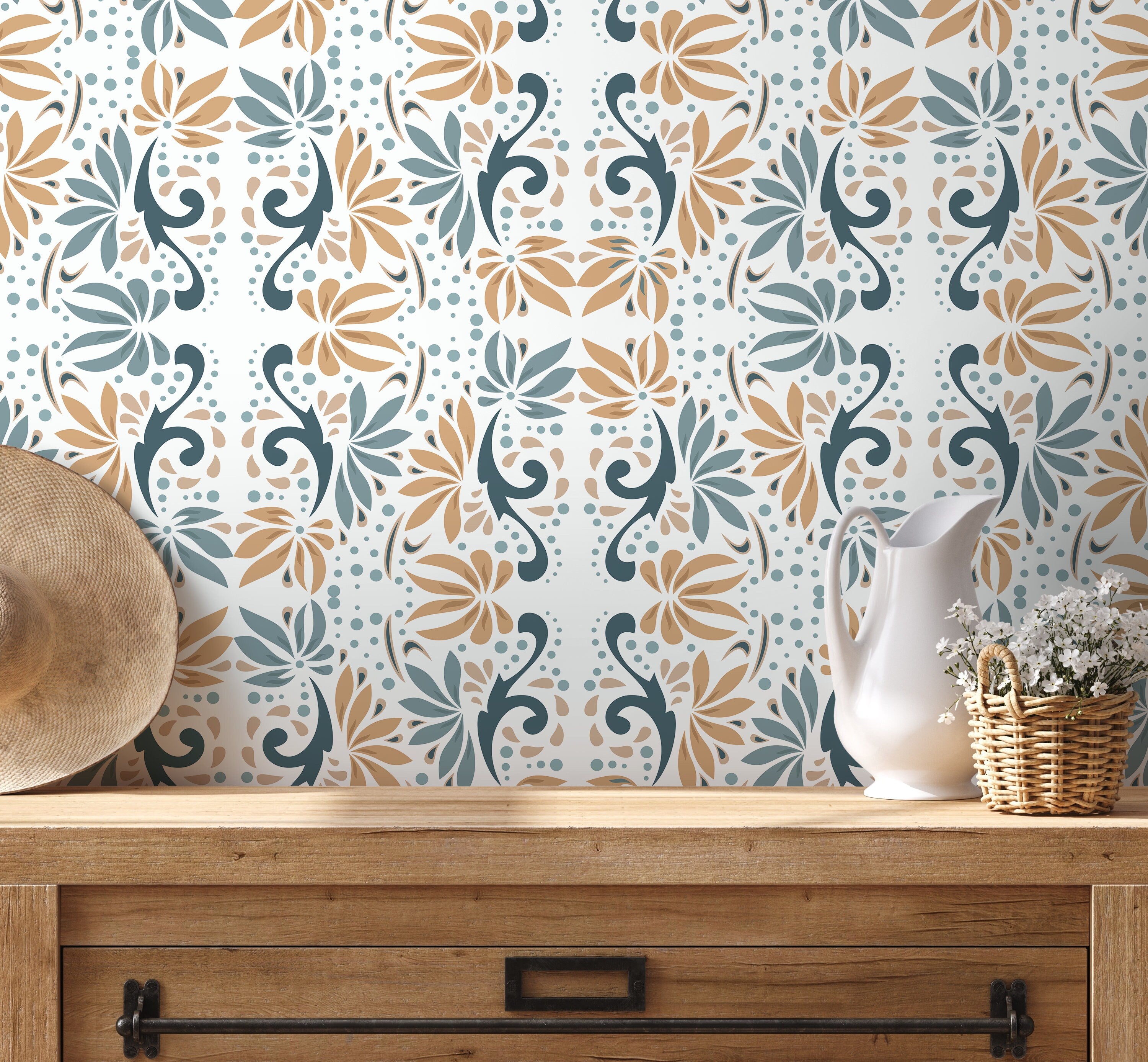 Floral Wallpaper With A Stylized Damask Motif In Teal, Tan, And Blue - D250