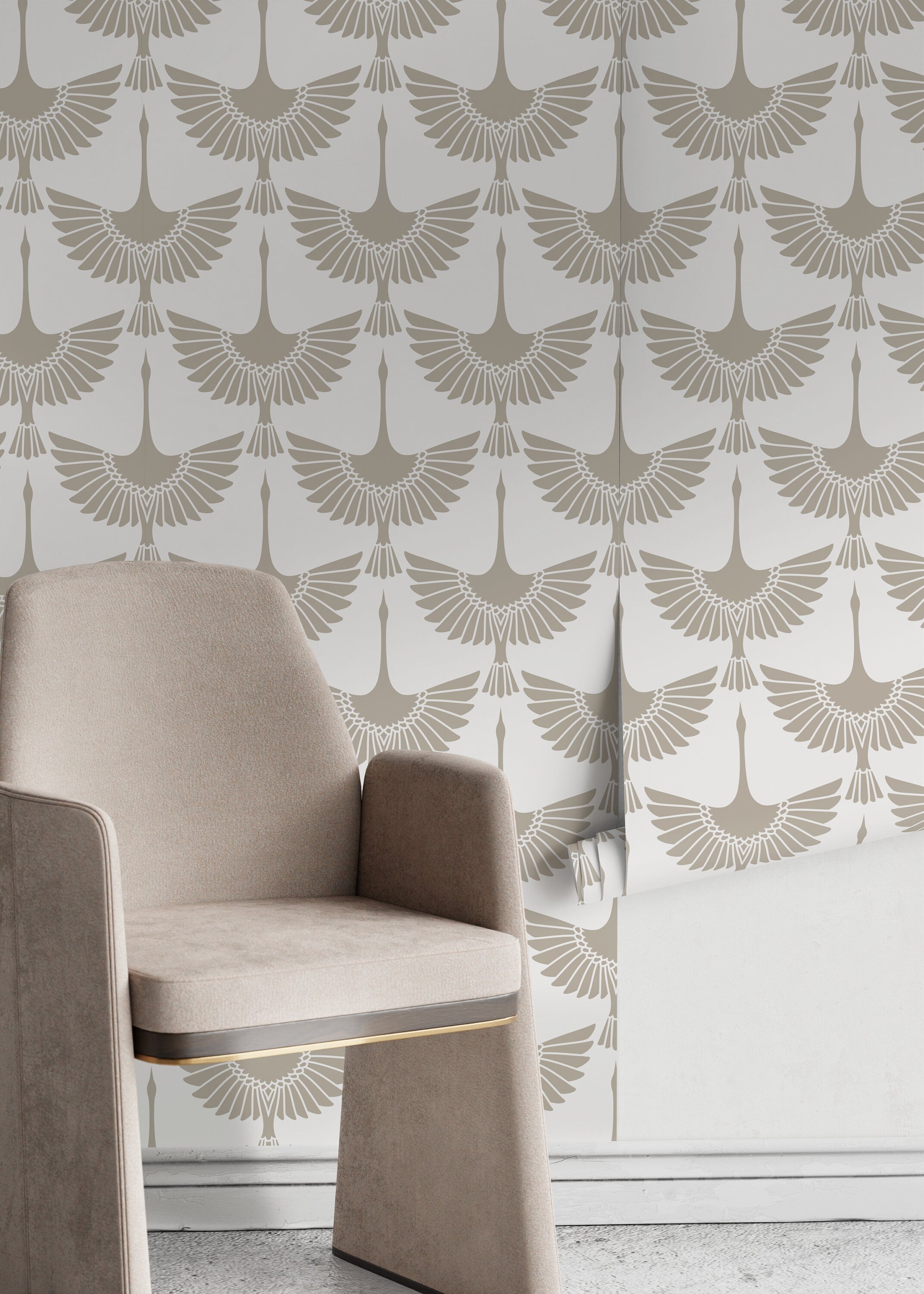Bird Wallpaper With A Stylized Swan Motif In Neutral Taupe - D261