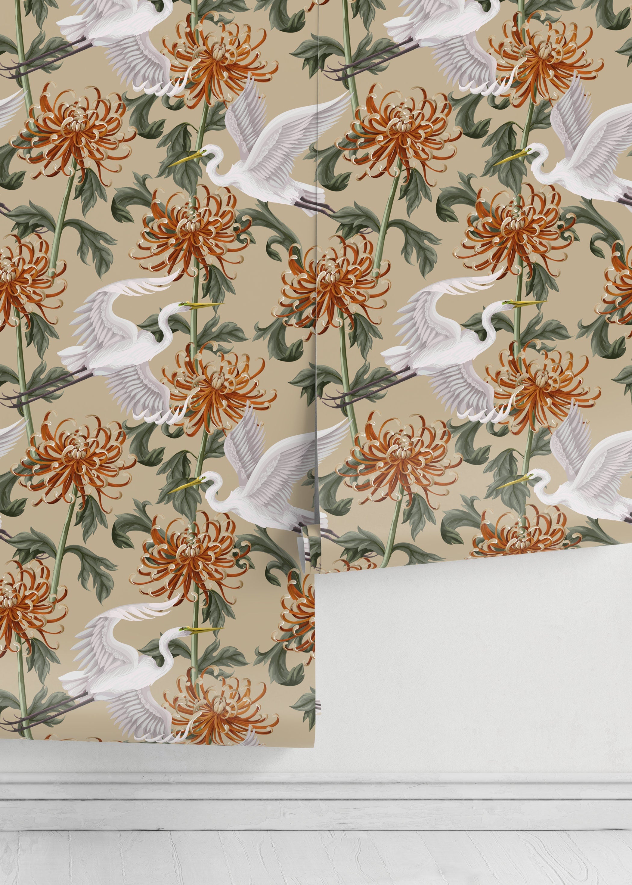 Chinoiserie Wallpaper With Cranes And Flowers In Orange, Green, And Beige - D263