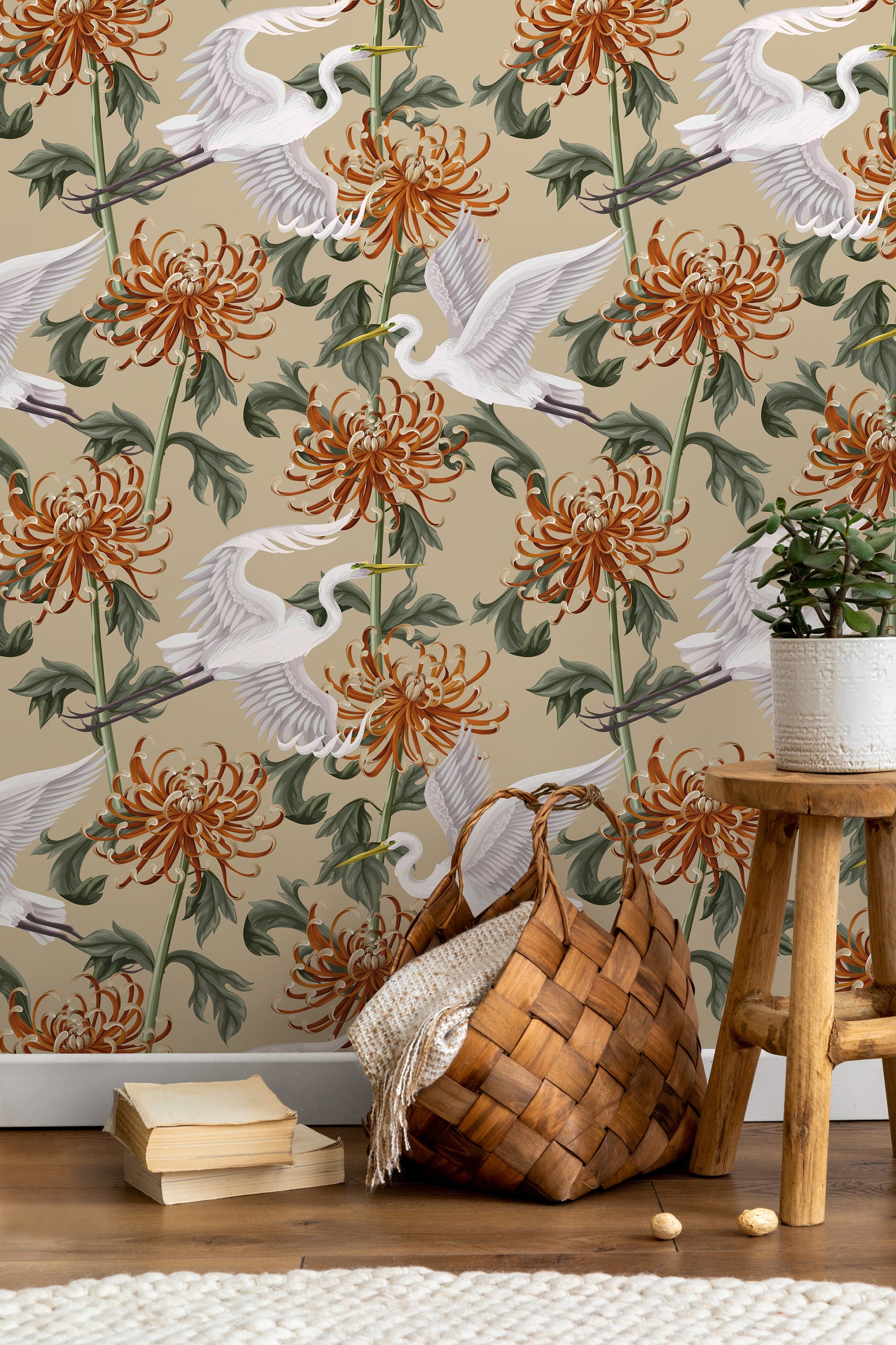 Chinoiserie Wallpaper With Cranes And Flowers In Orange, Green, And Beige - D263