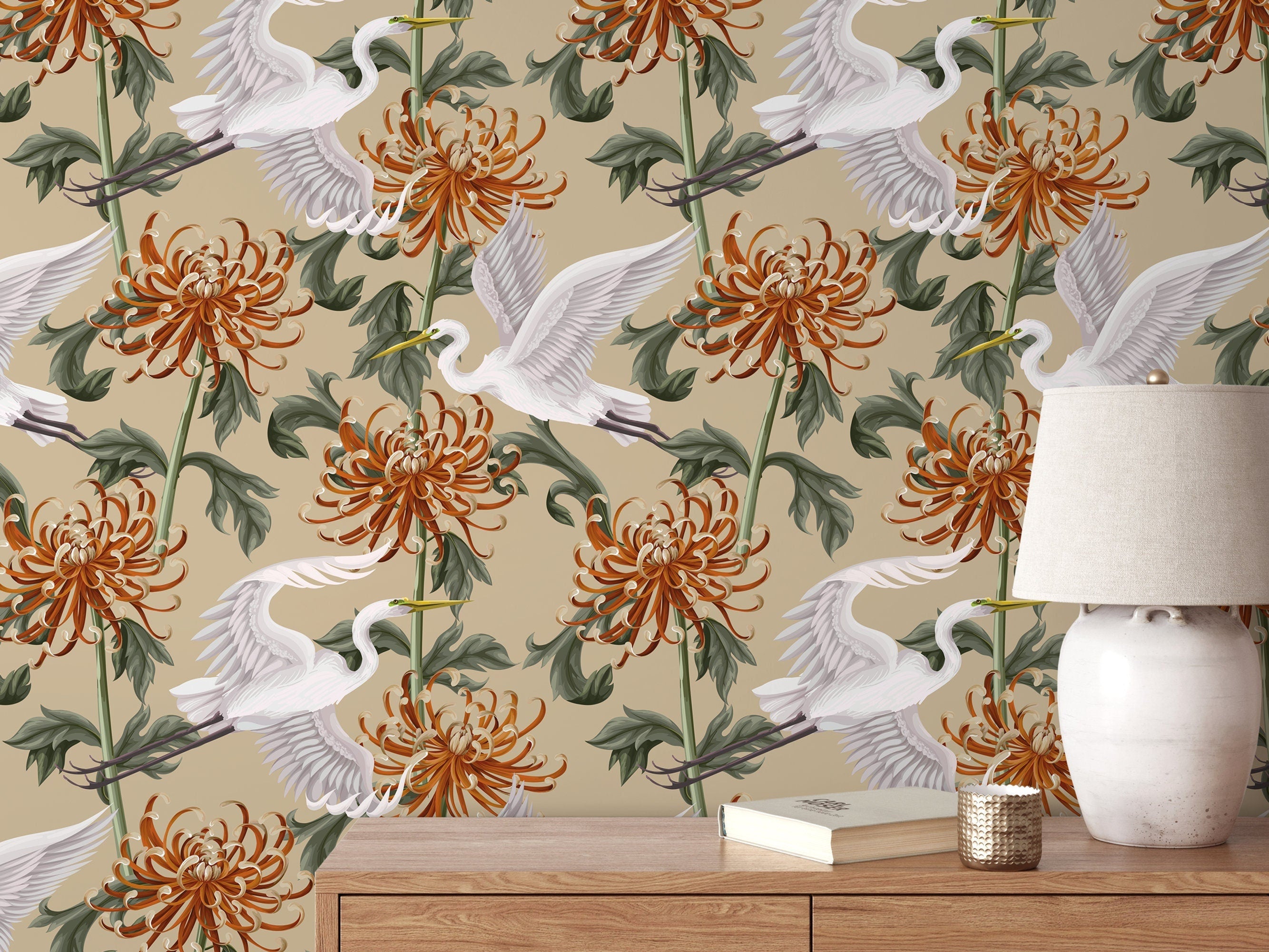 Chinoiserie Wallpaper With Cranes And Flowers In Orange, Green, And Beige - D263