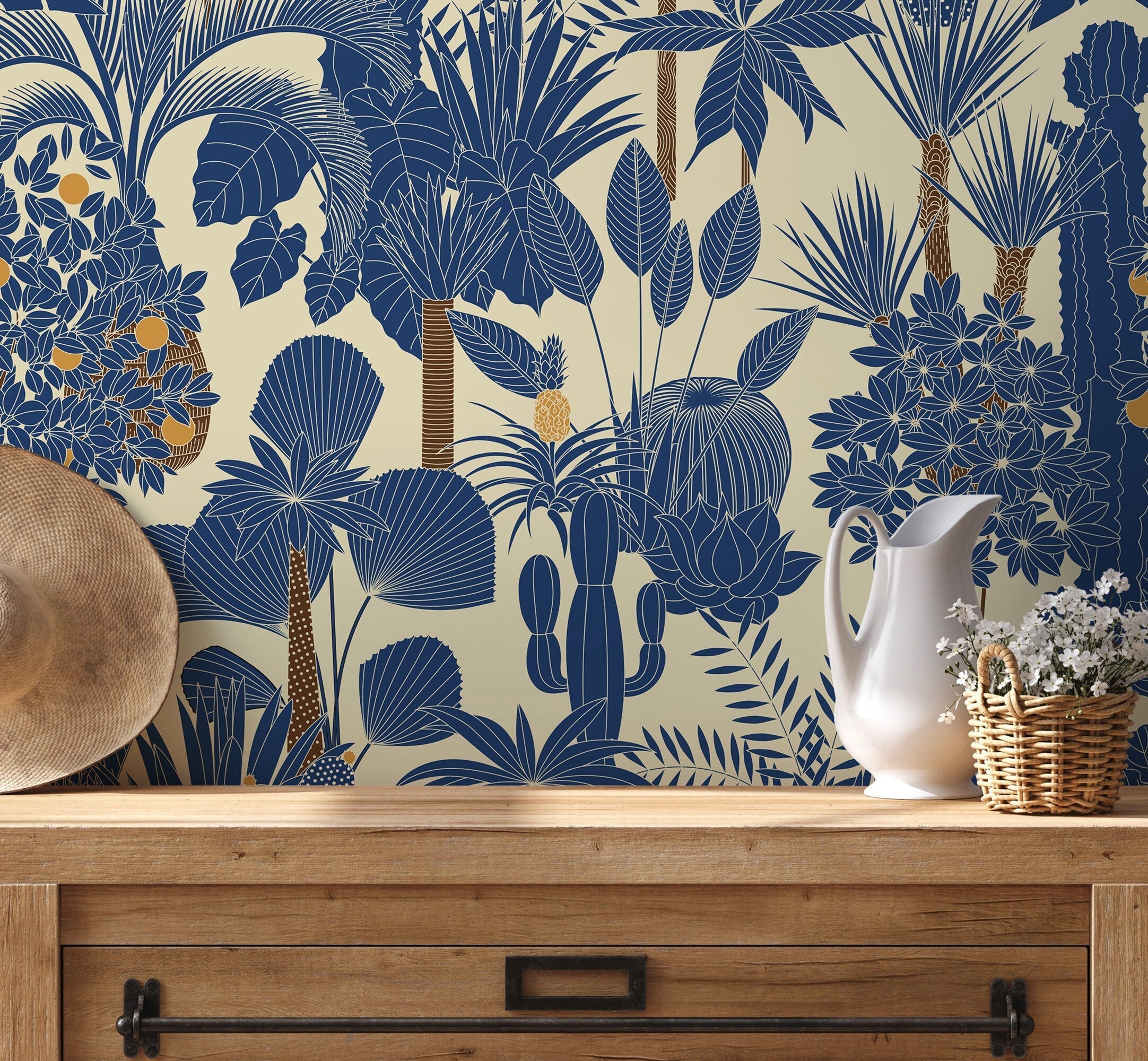 Botanical Wallpaper With A Dense Tropical Jungle Motif In Blue And Orange - D274