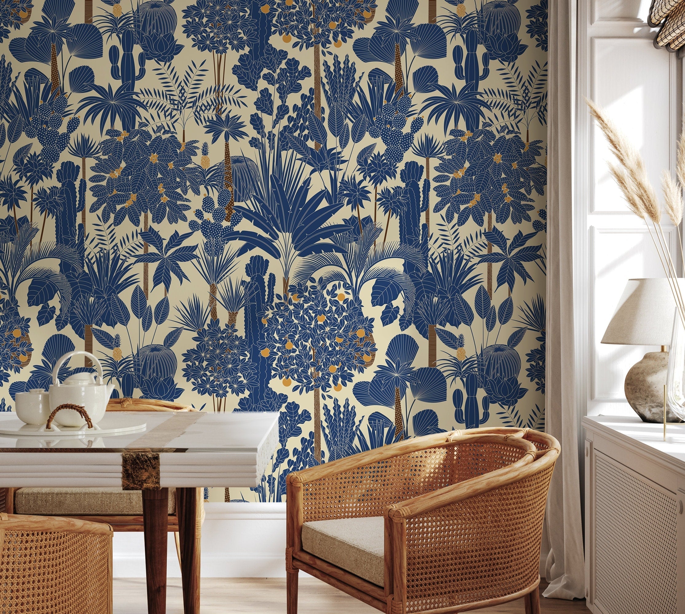 Botanical Wallpaper With A Dense Tropical Jungle Motif In Blue And Orange - D274